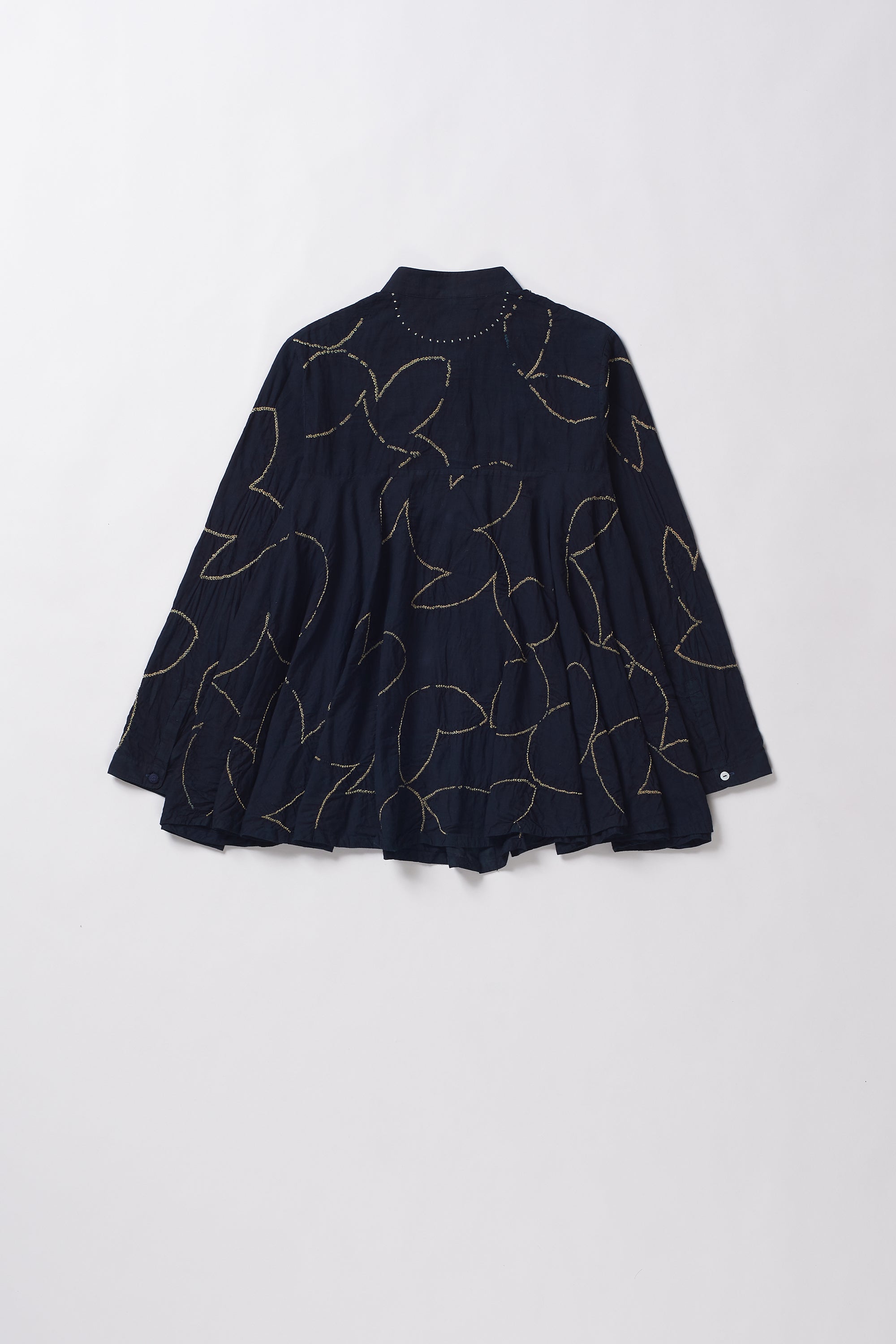 Navy blue dress with gold leaf pattern