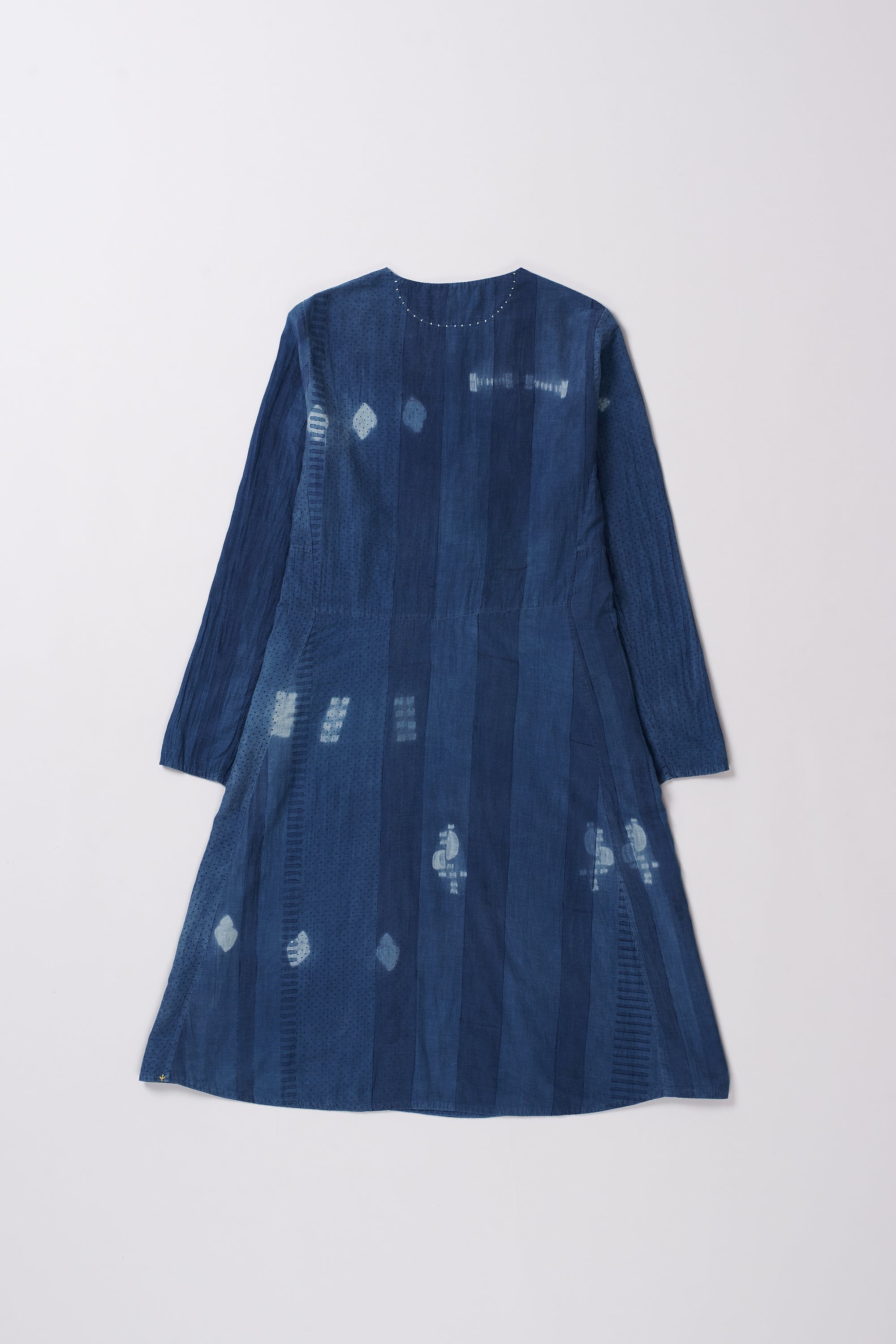 INDIGO BLOCK PRINTED AND SHIBORI COTTON SILK DRESS