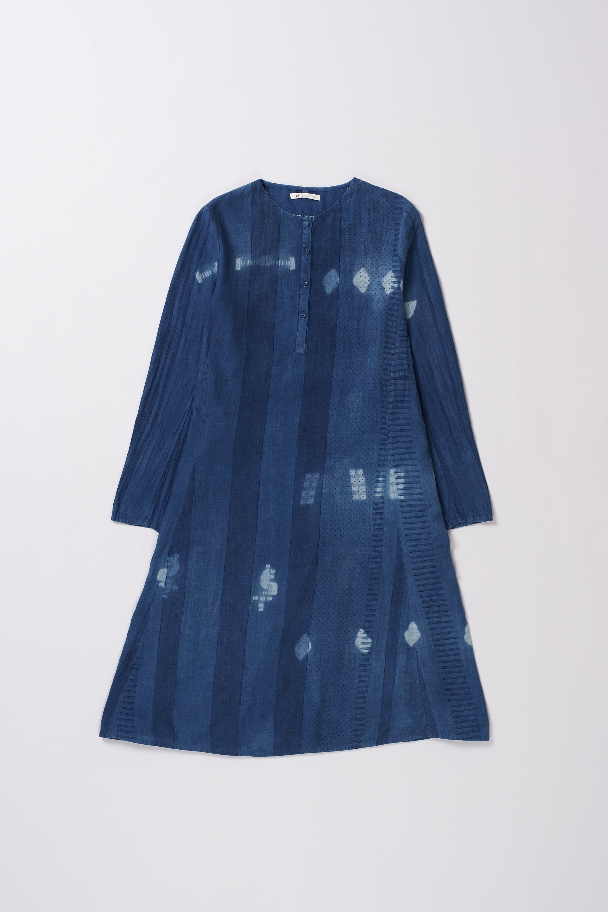 INDIGO BLOCK PRINTED AND SHIBORI COTTON SILK DRESS