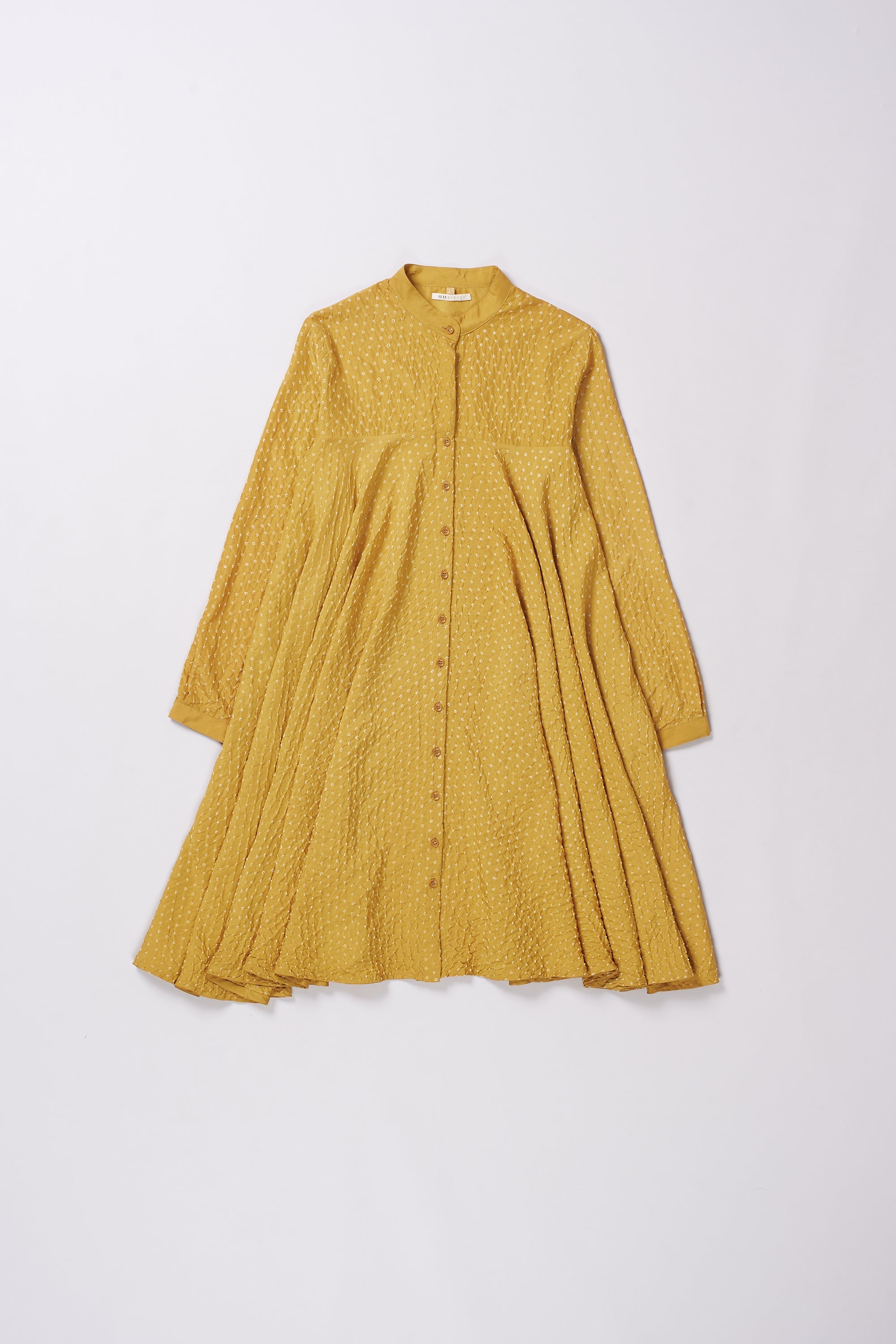 OCHER YELLOW SILK BANDHANI SHIRT DRESS