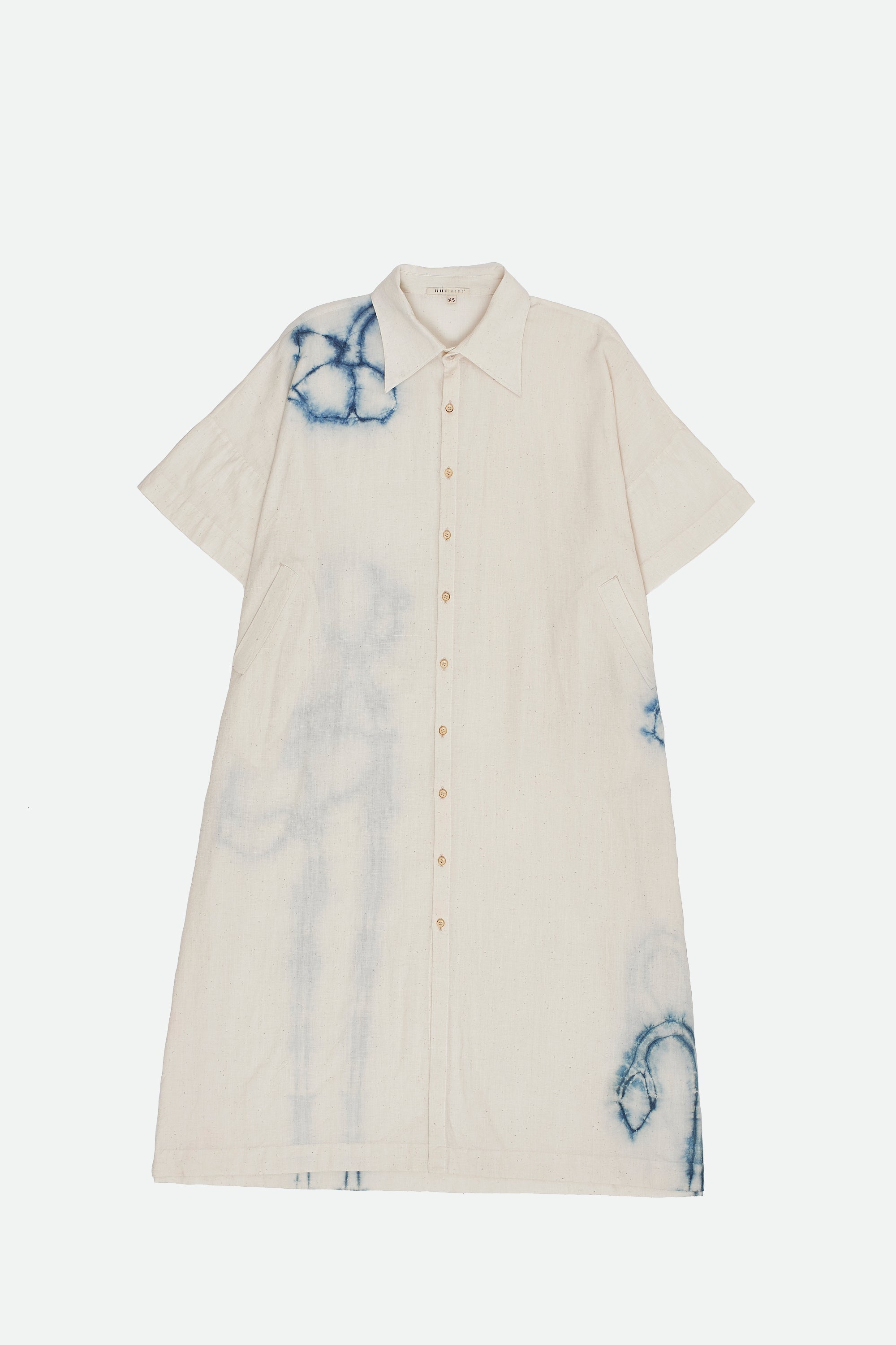 Front image of ecru shibori kaftan