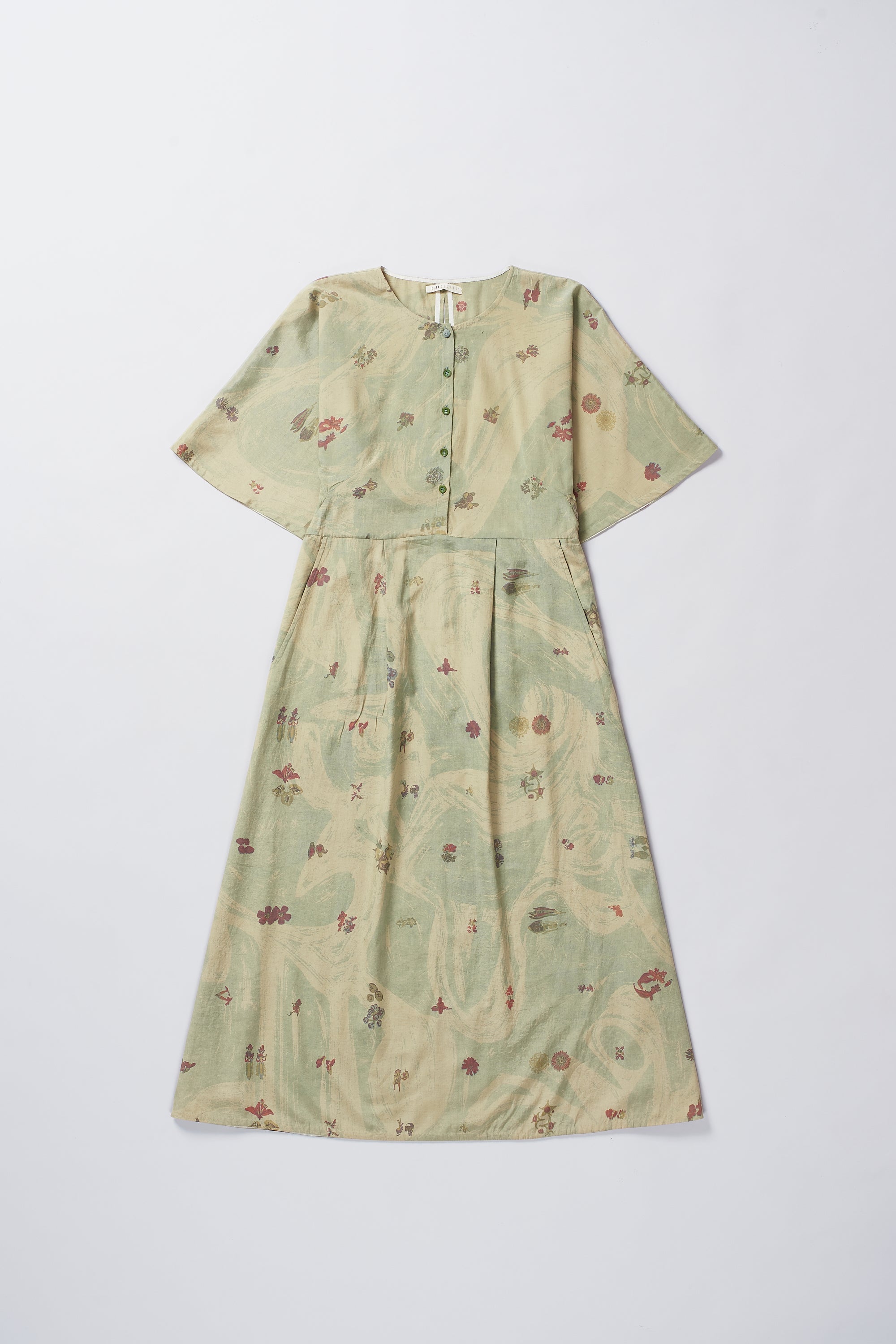 OCEAN BLUE COTTON SILK BLEND SCREEN PRINT DRESS