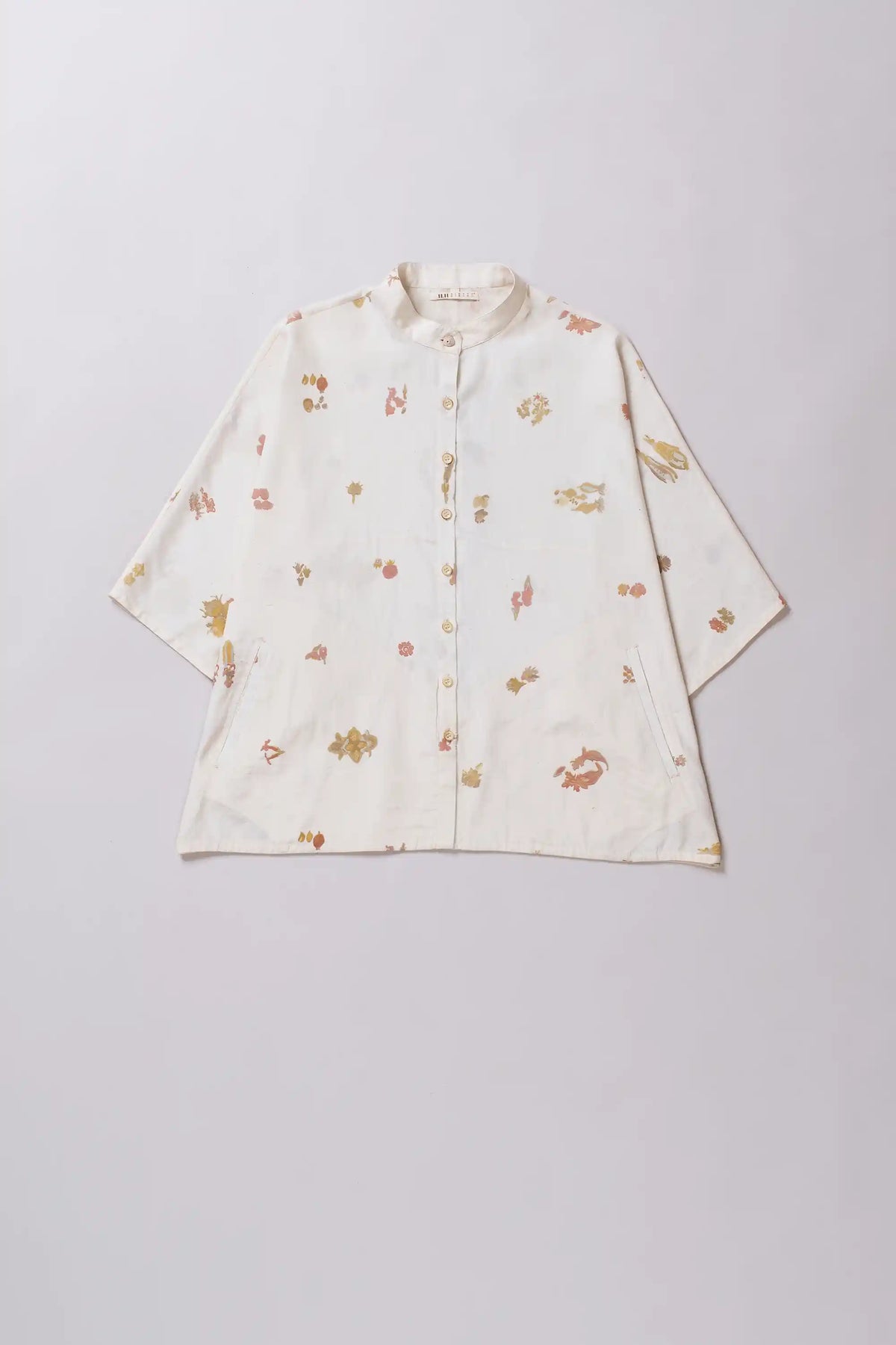 Ecru Screen Print Cotton Silk Blend Shirt