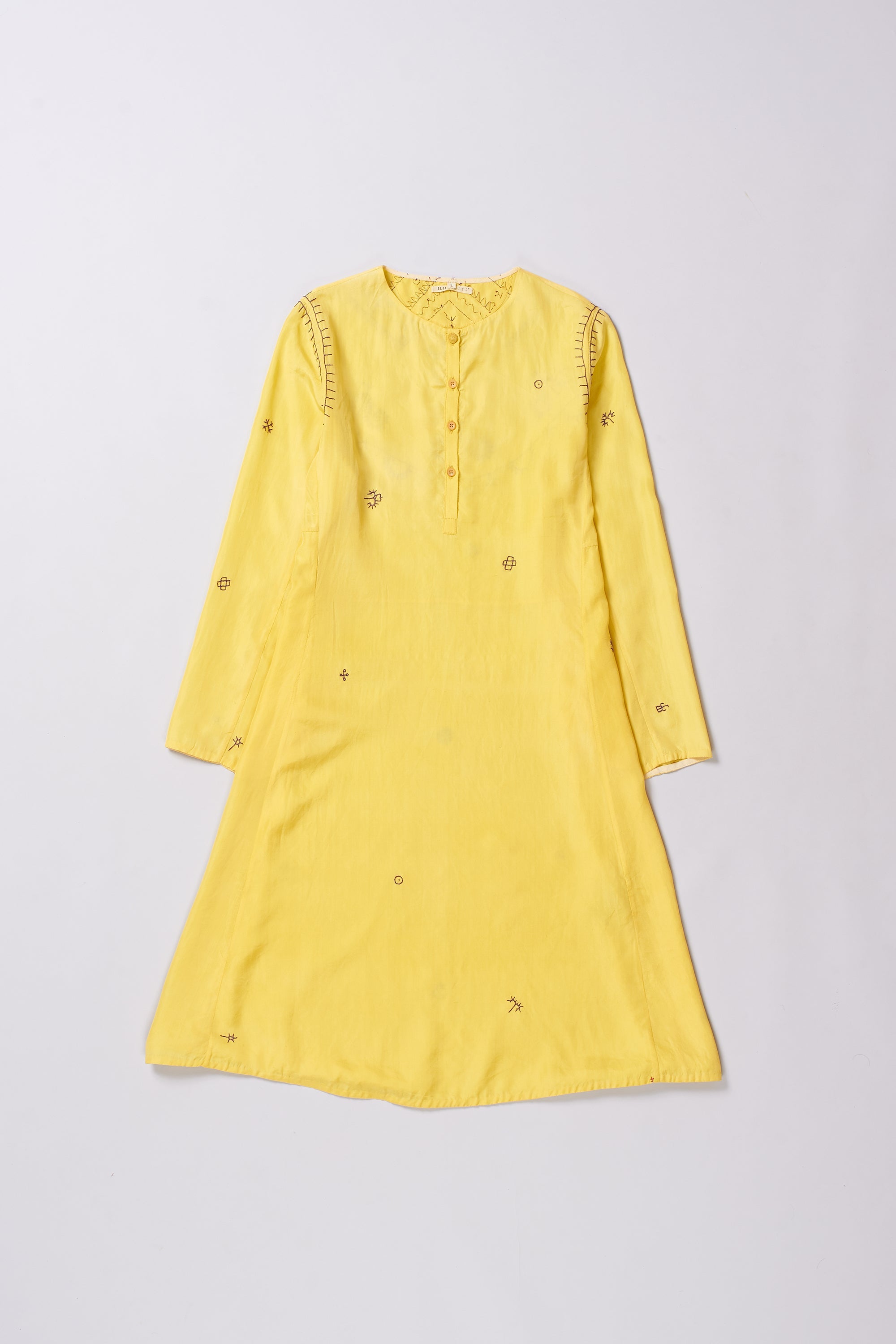 LEMON YELLOW HAND EMBROIDERED SILK DRESS