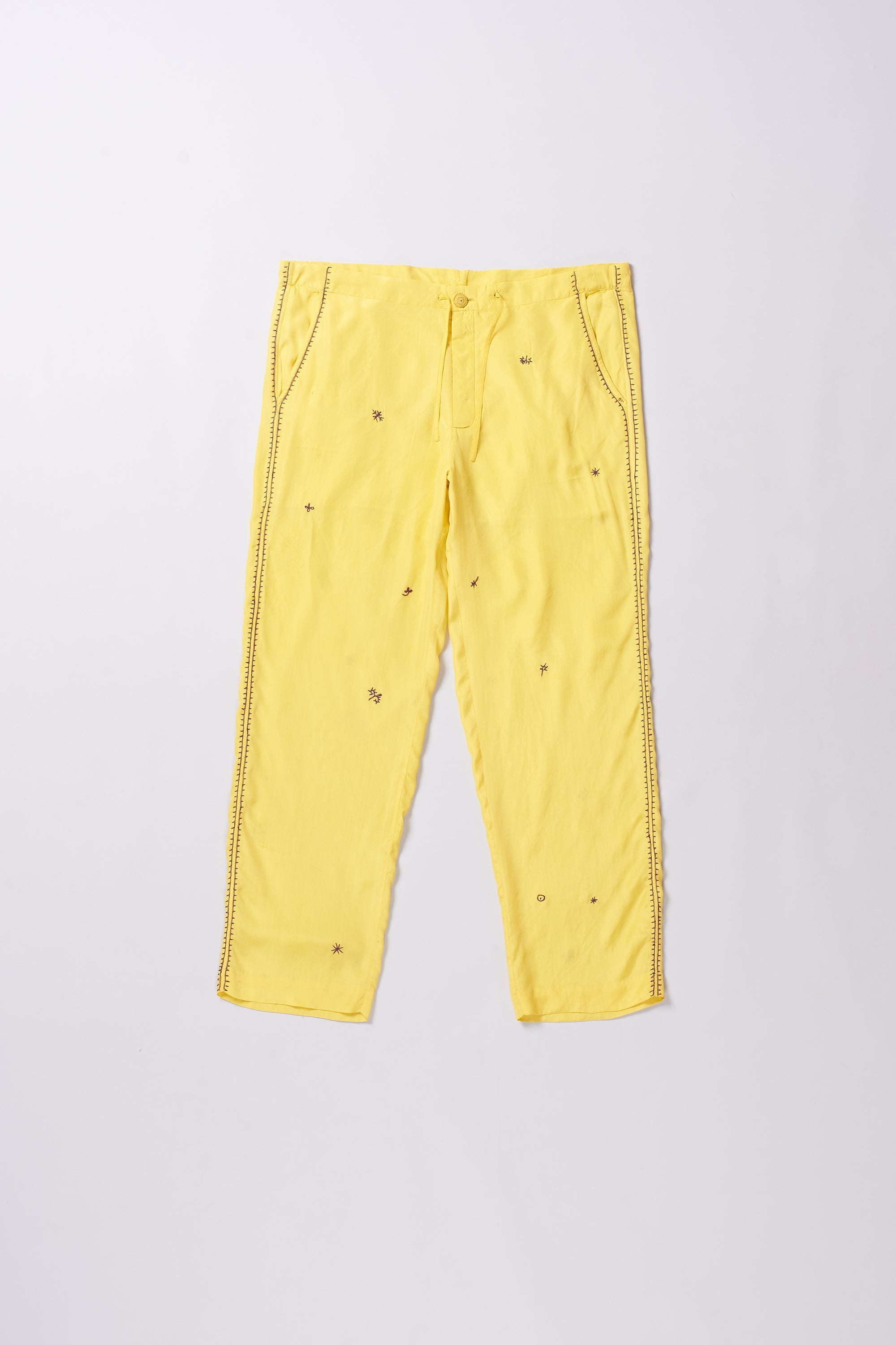 LEMON YELLOW EMBROIDERED SILK PANT