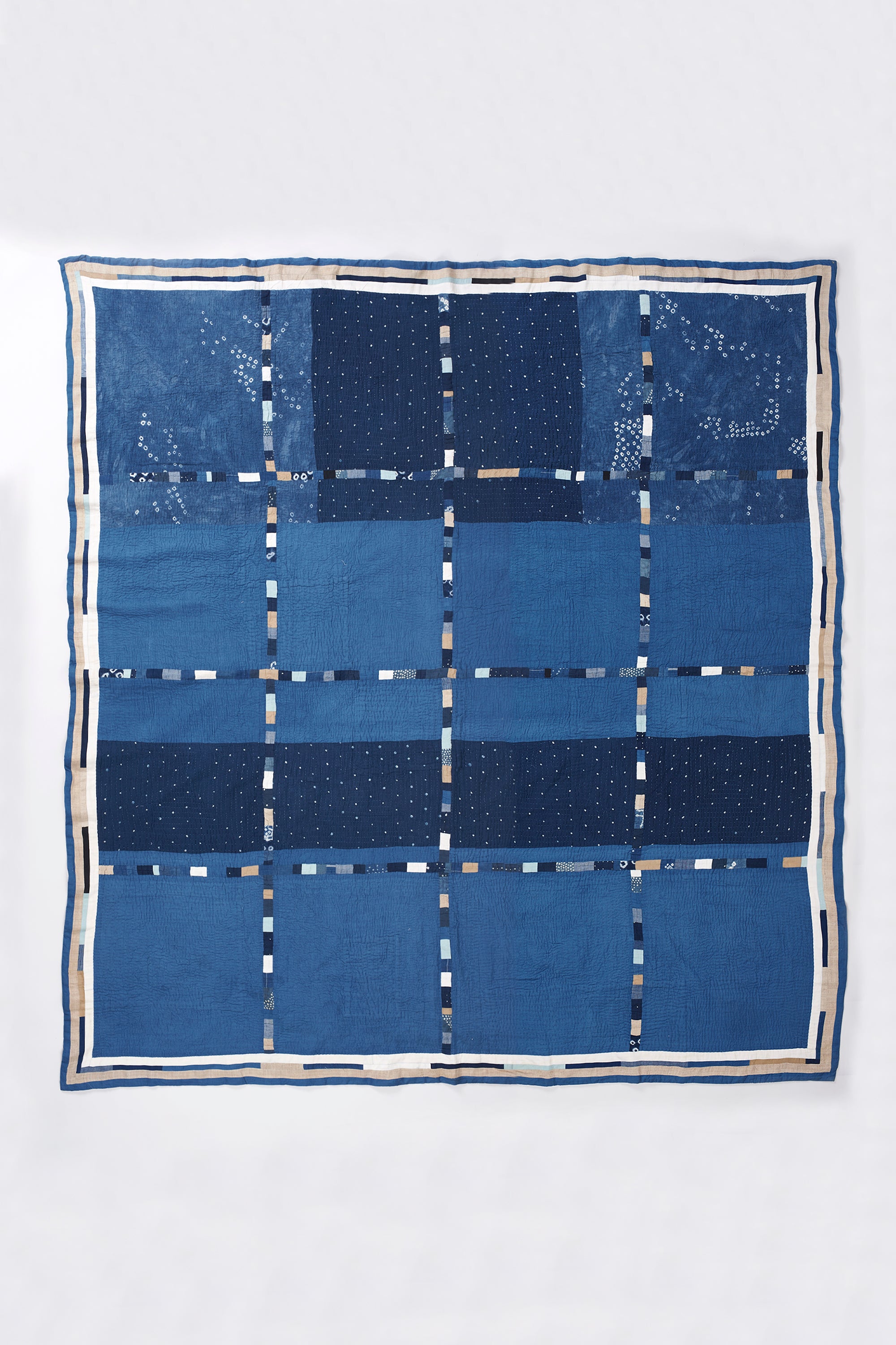 HAND EMBROIDERED PATCHWORK QUILT QUEEN SIZE IN SHADES OF INDIGO