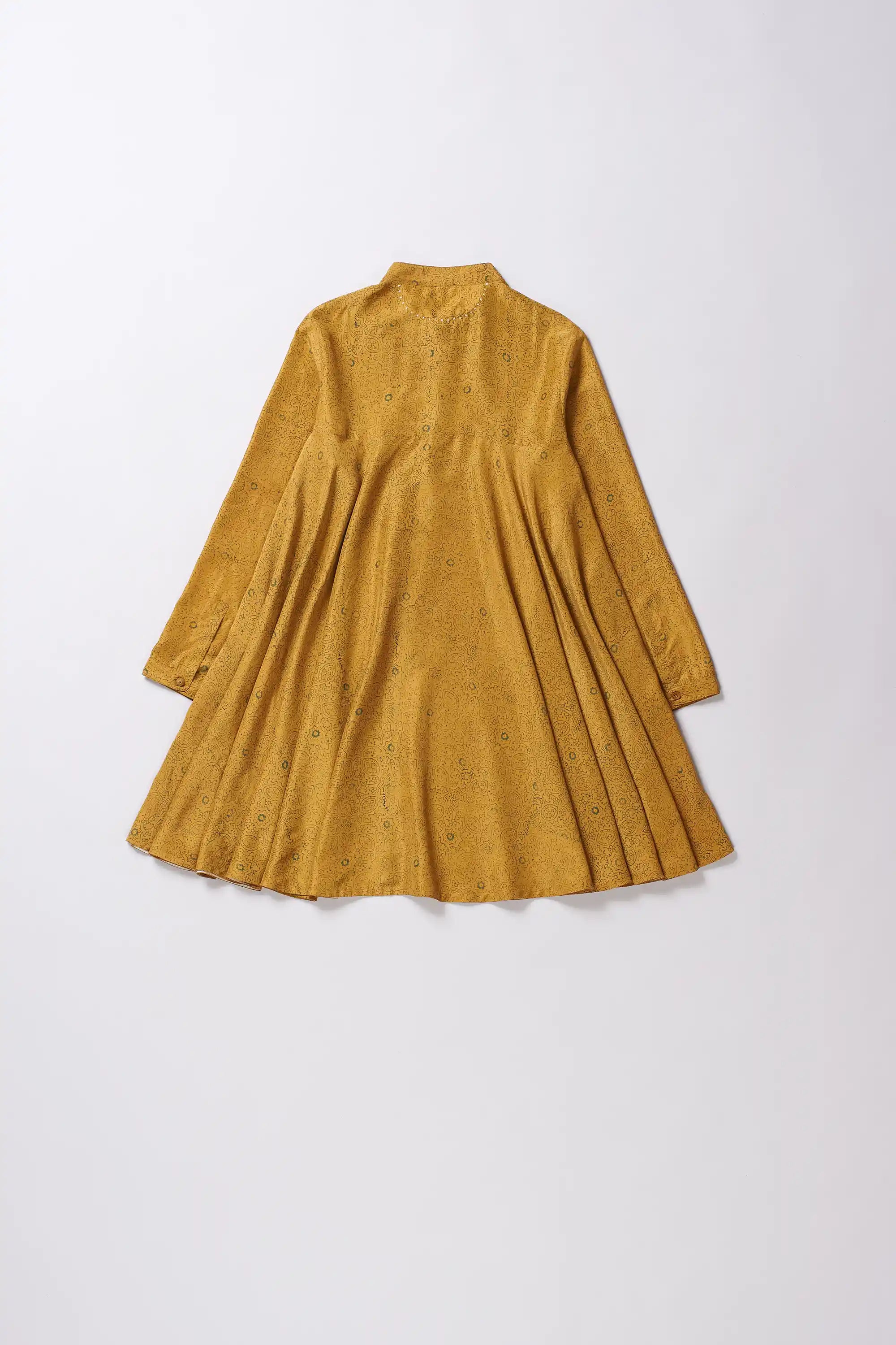 Mustard Yellow Block Printed Silk Dress