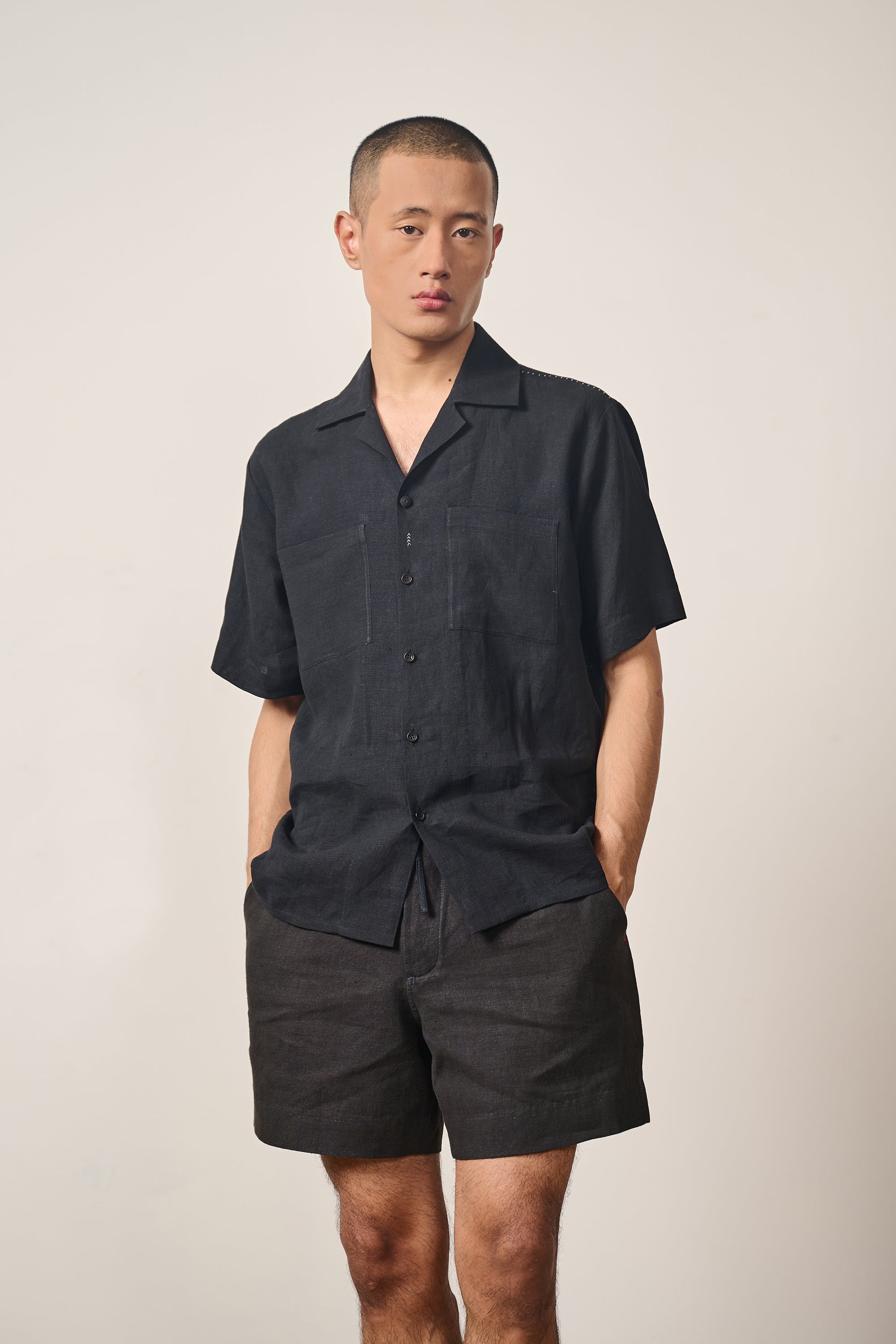 Black Linen Camp Collar Shirt