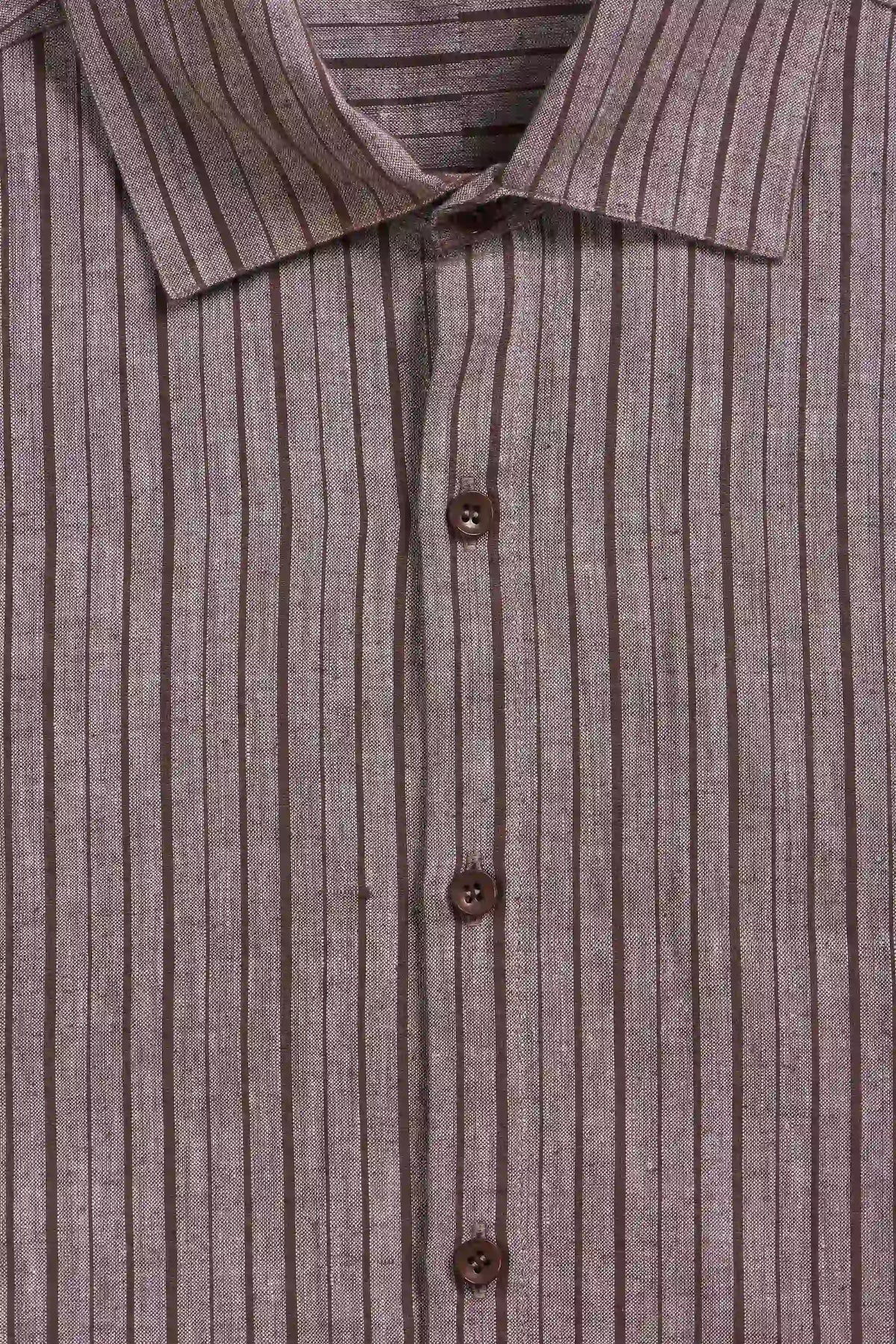 Close-up of a collared button-front shirt with narrow vertical dark brown stripes.