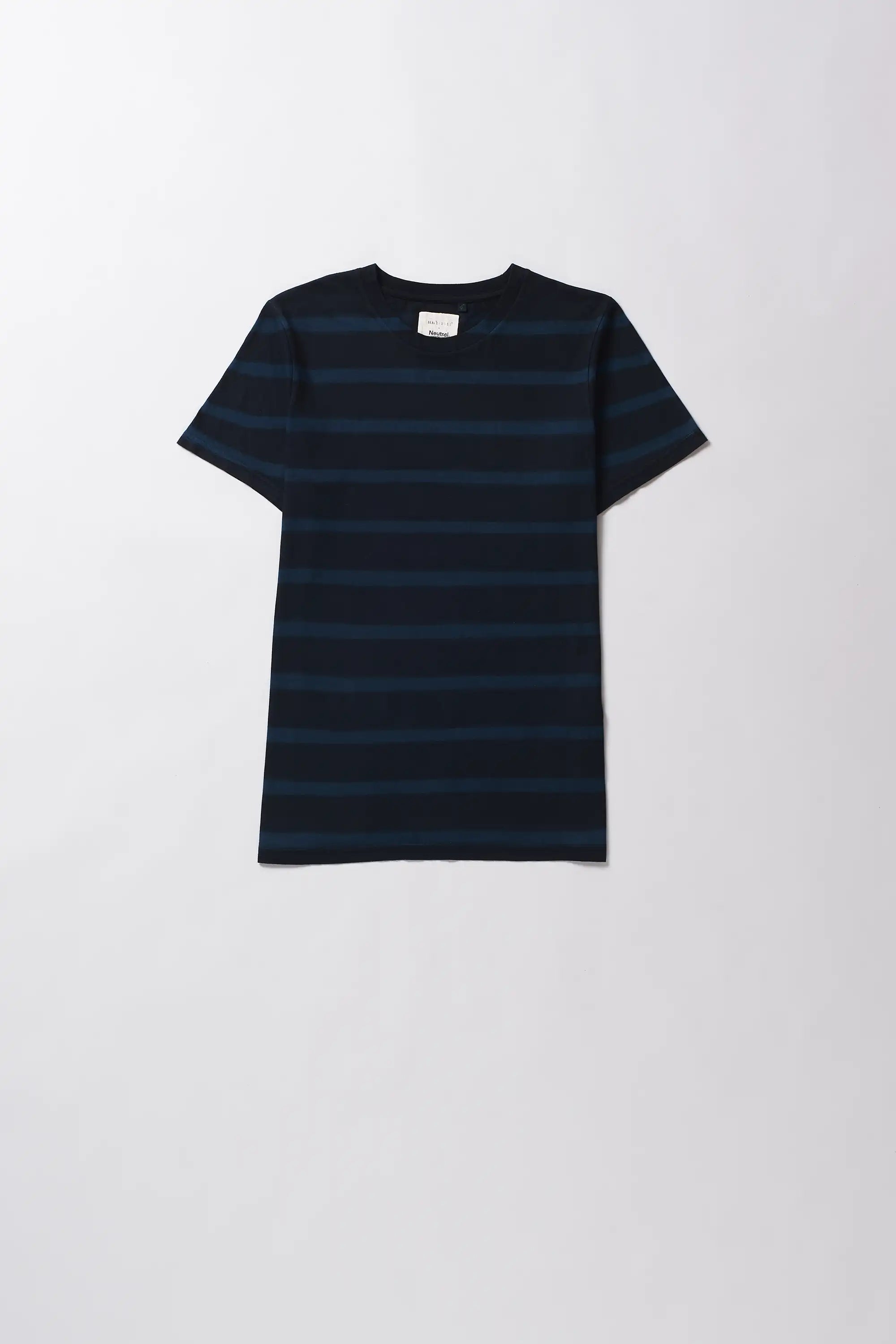 Navy striped t-shirt on a white background