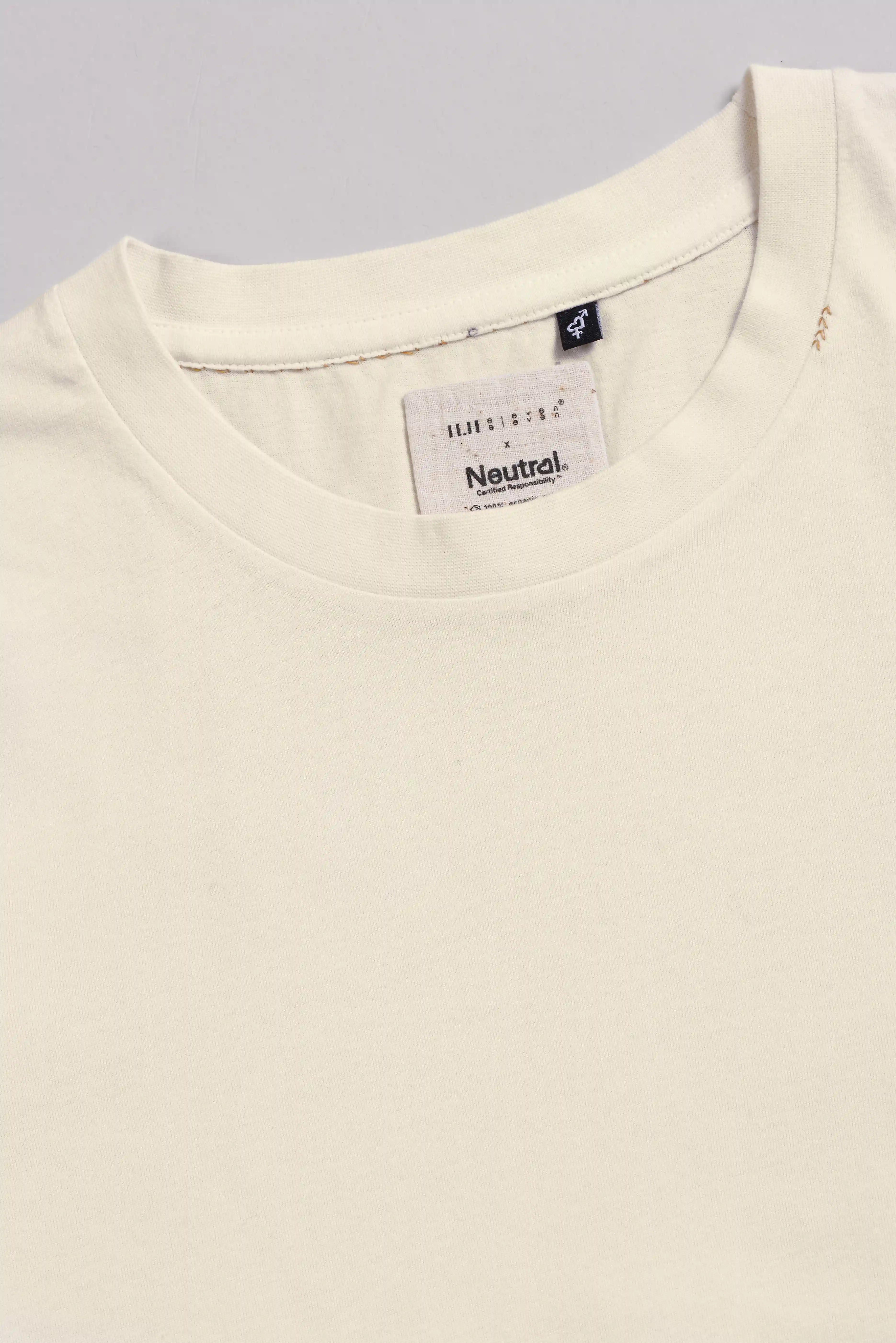 Close-up of a t-shirt with a hand detail on a grey background