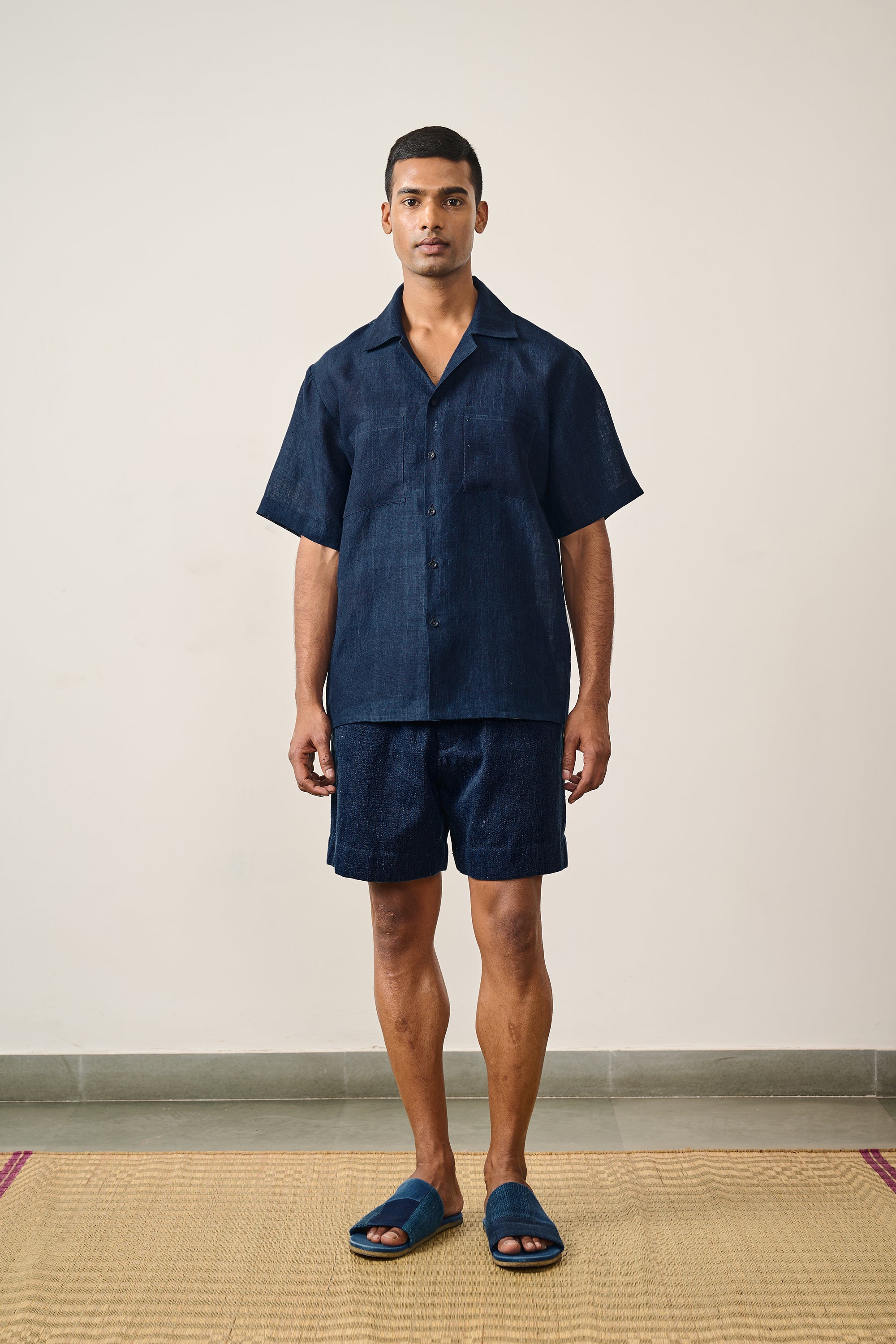 NATURAL INDIGO COTTON DRAWSTRING UNISEX SHORTS