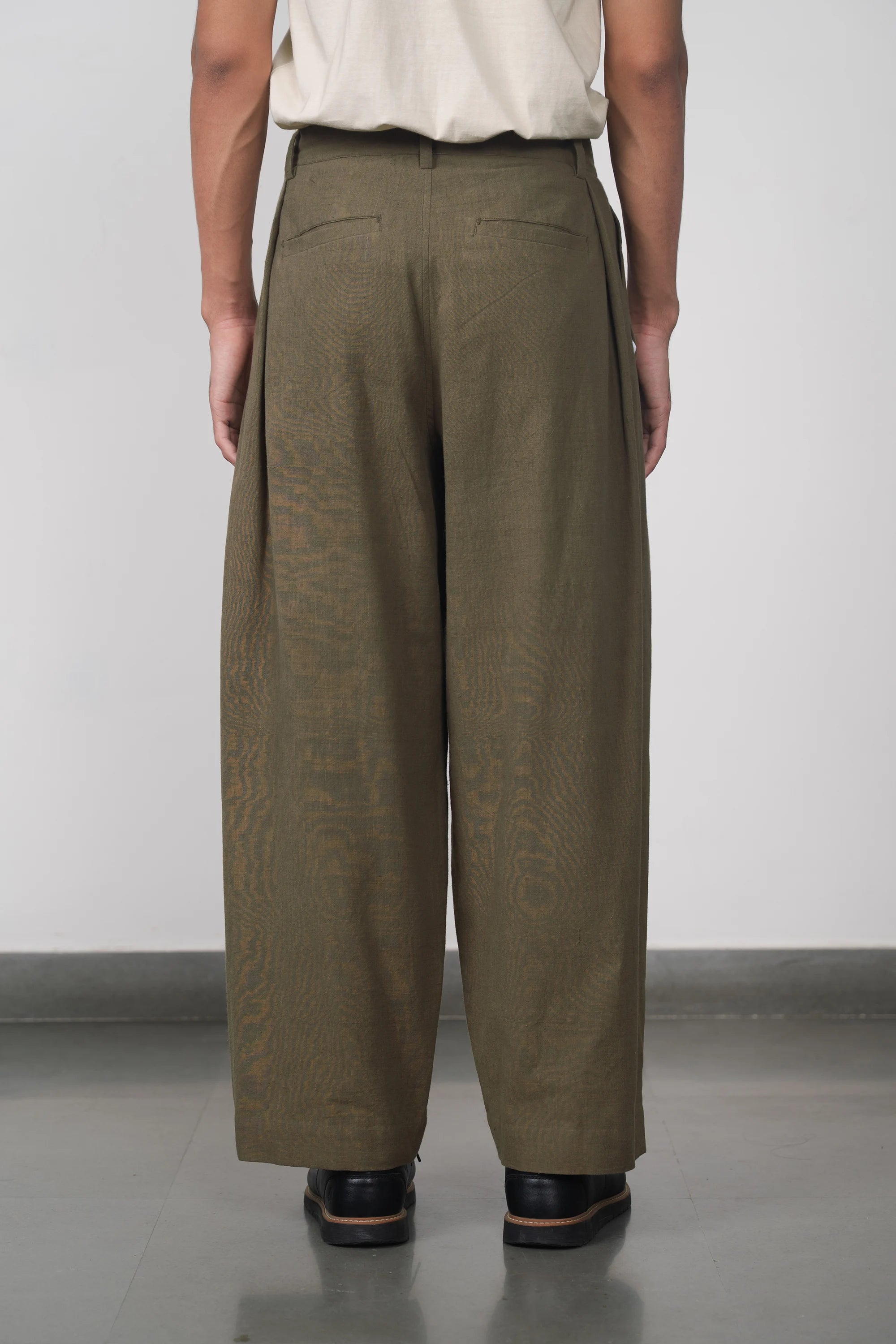Khakhi Green Cotton Pleated Trousers