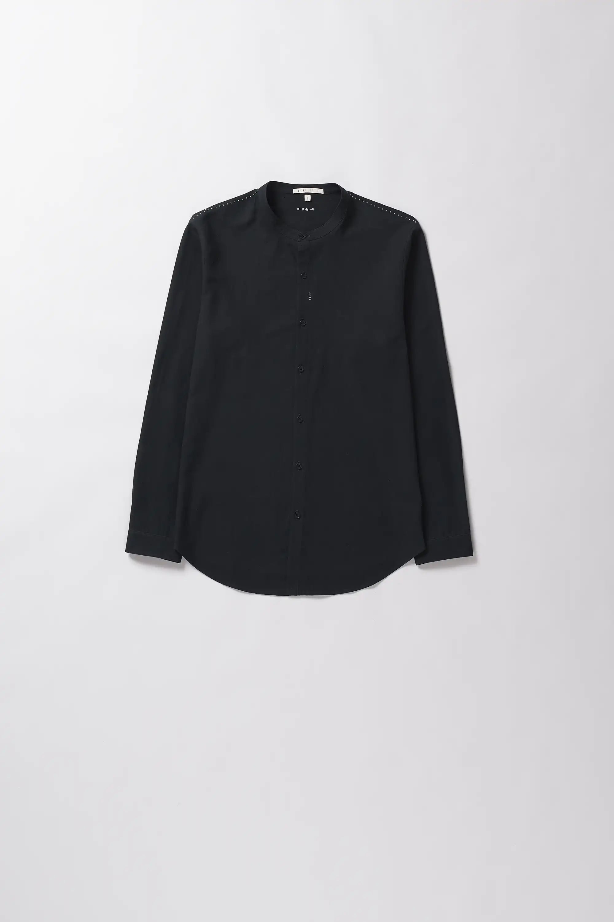 Front image of black cotton shirt with hand details