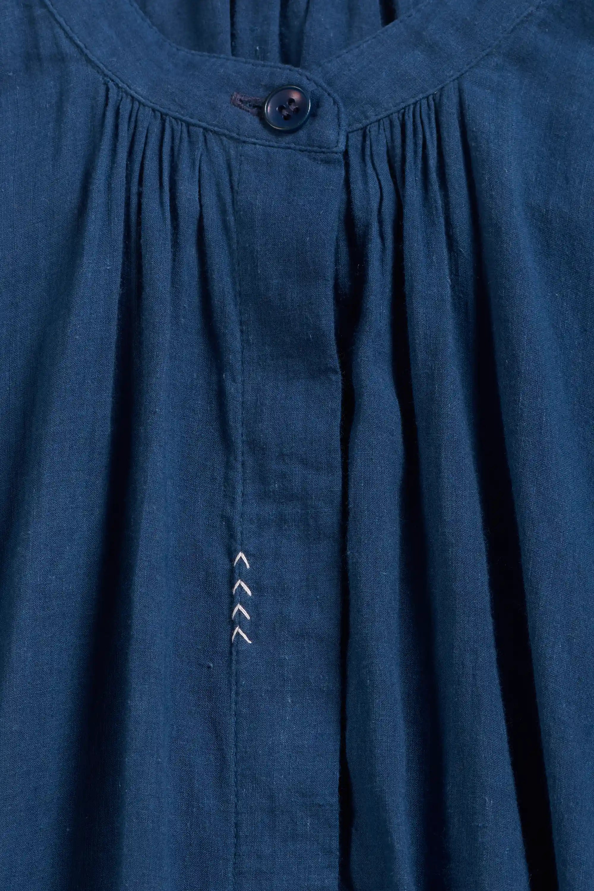 Close-up of a blue garment with a button and pleated details.