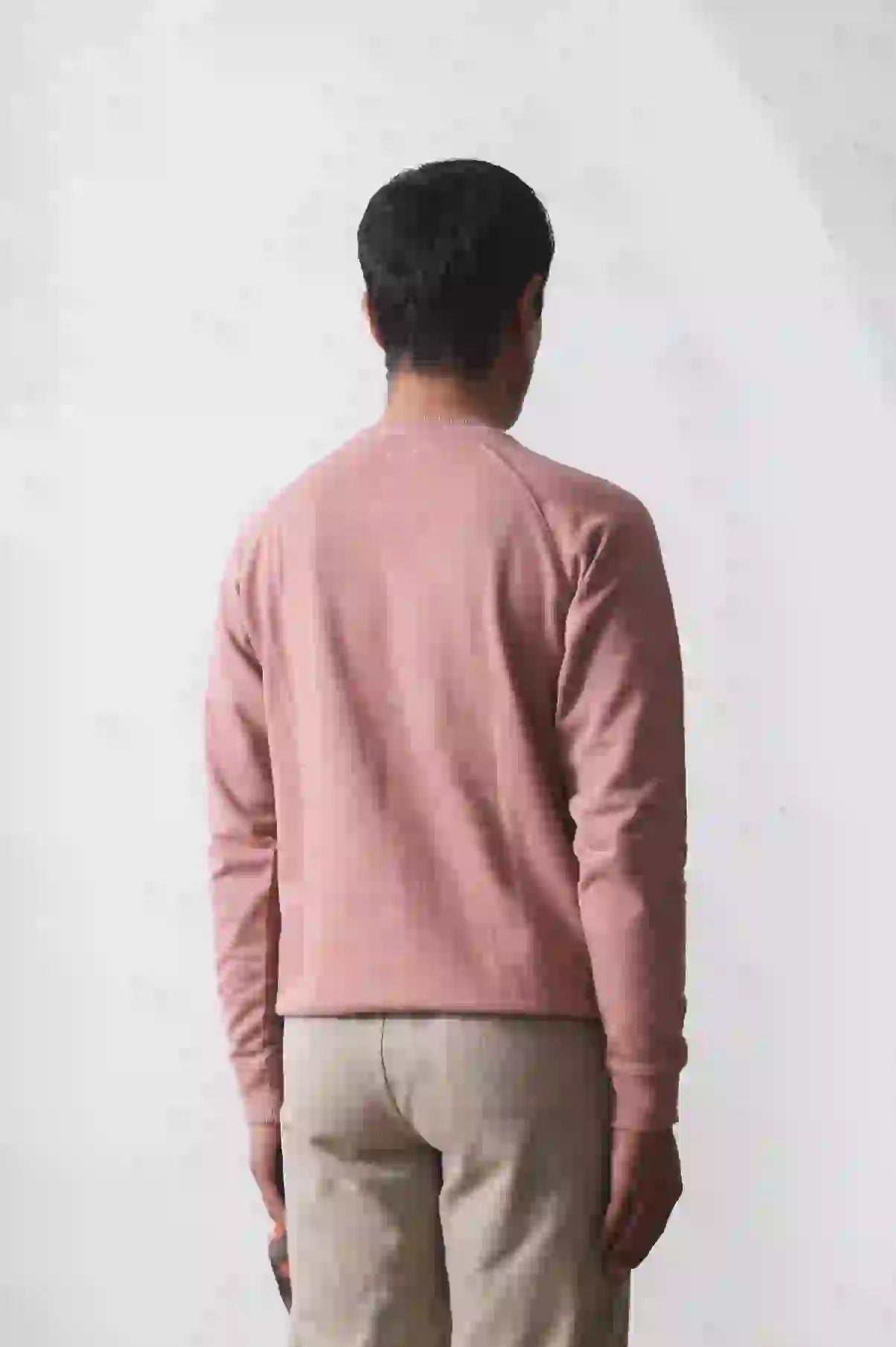 A back shot of man wearing old rose sweatshirt