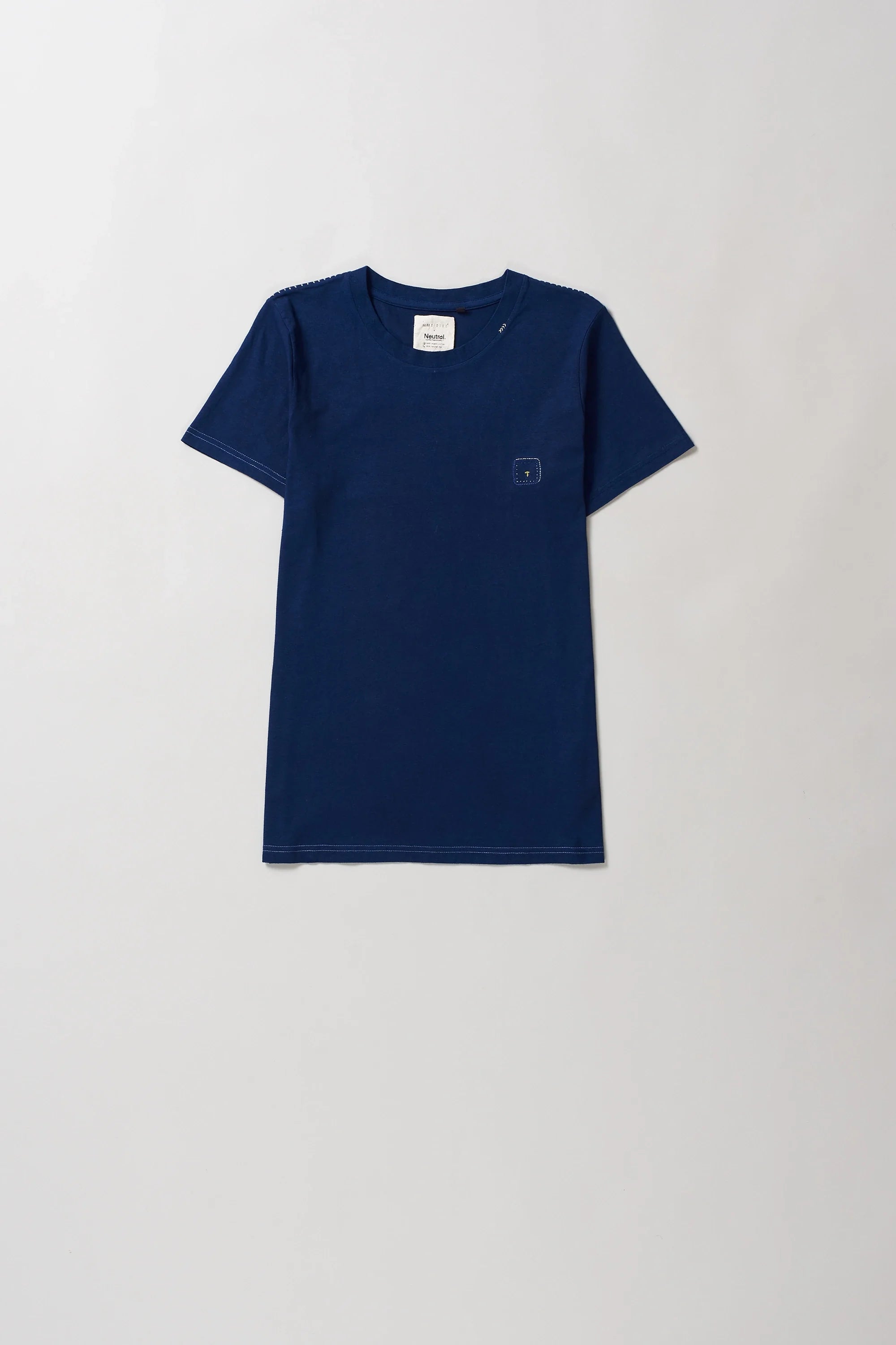 Back image of indigo cotton t-shirt on a grey background