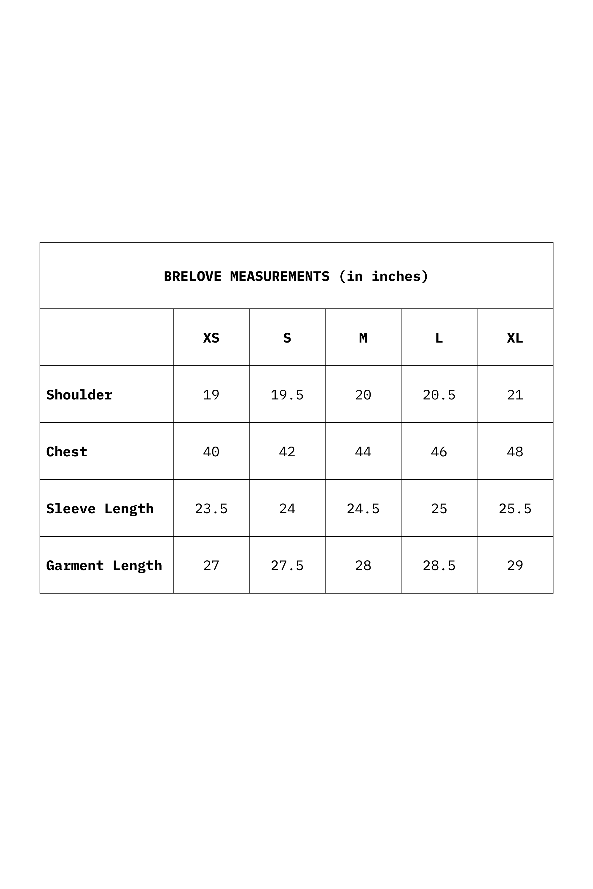 Measurement chart for Brelove clothing in inches with size options XS to XL.