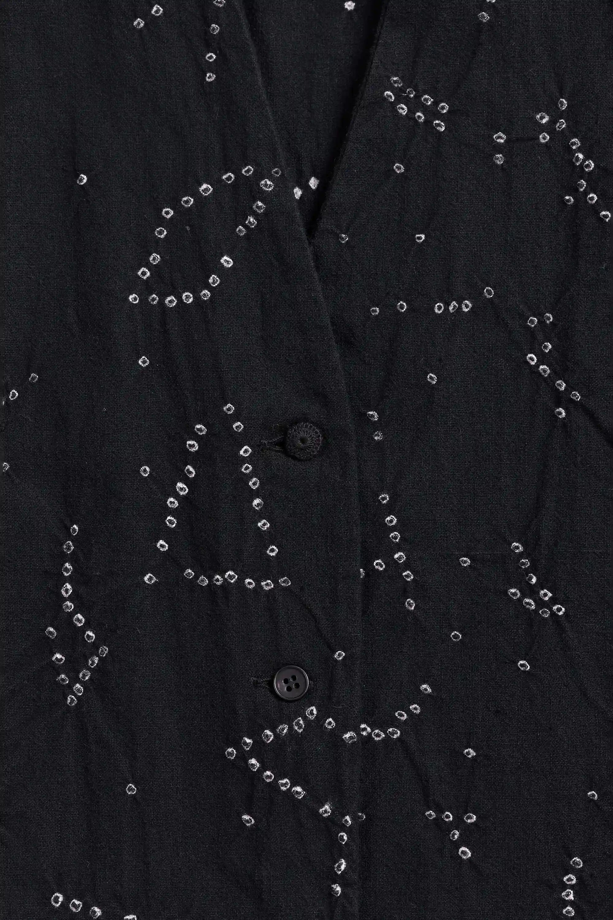 Close-up of a black button-front garment with v neckline.