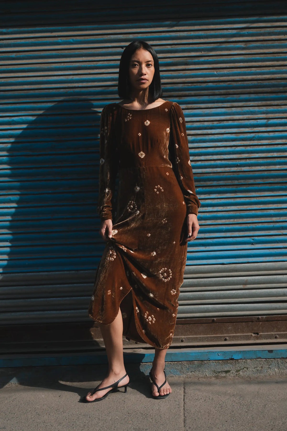 Velvet Bandhani Dress in Filter Coffee