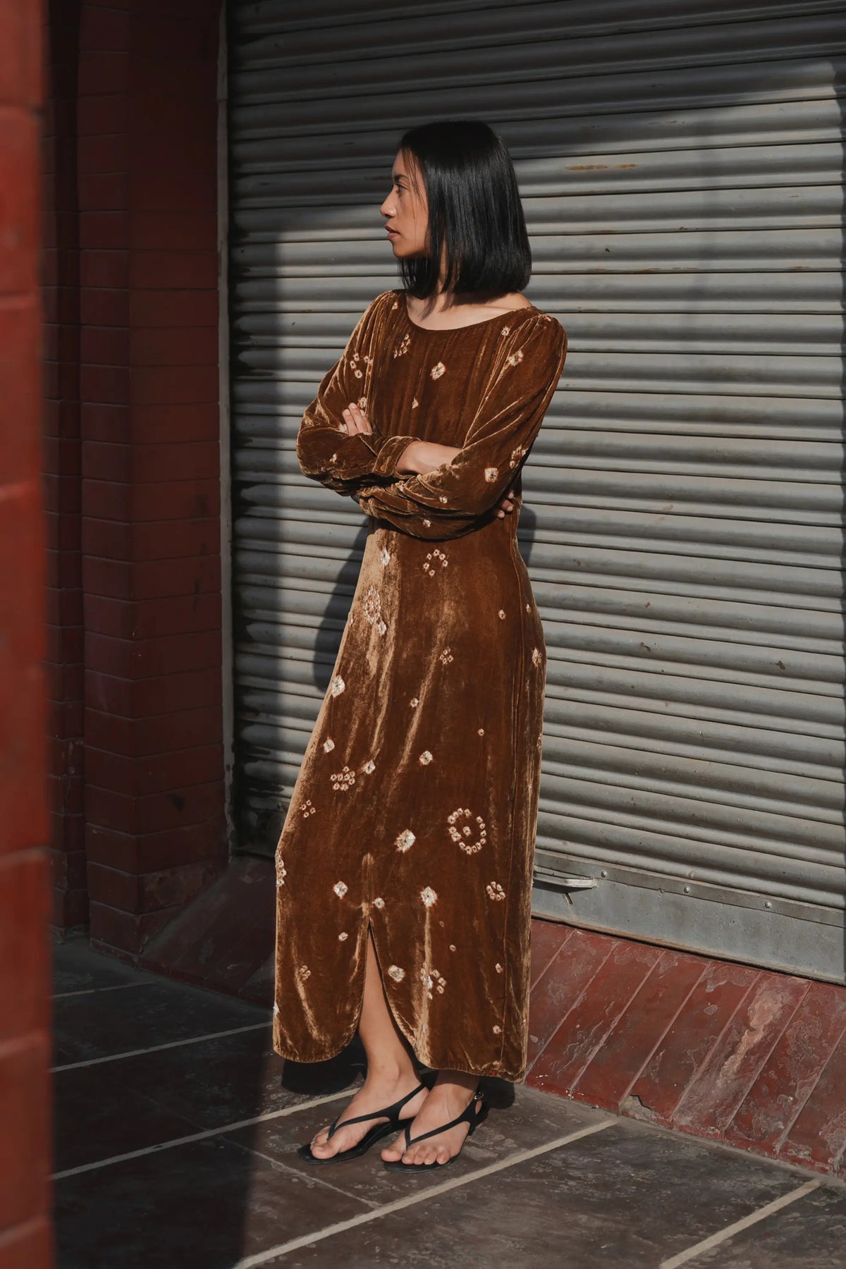 Velvet Bandhani Dress in Filter Coffee