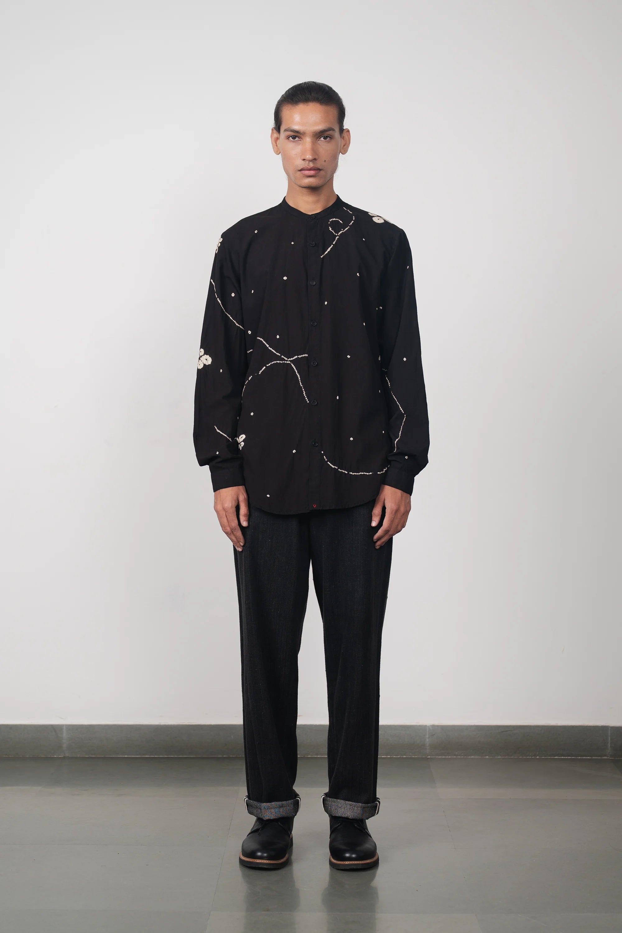 Black Band Collar Bandhani Shirt