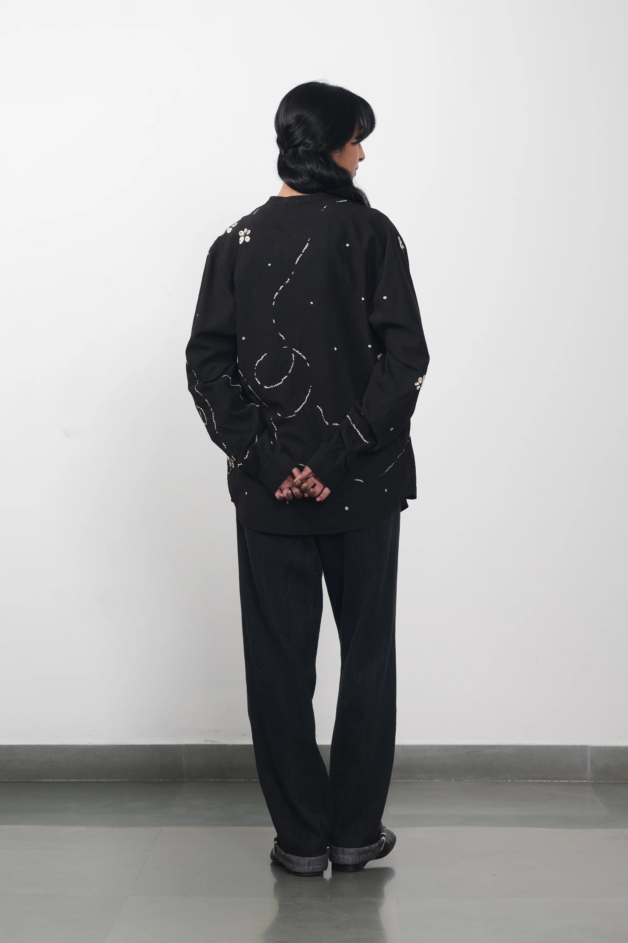 Band Collar Bandhani Shirt in Black