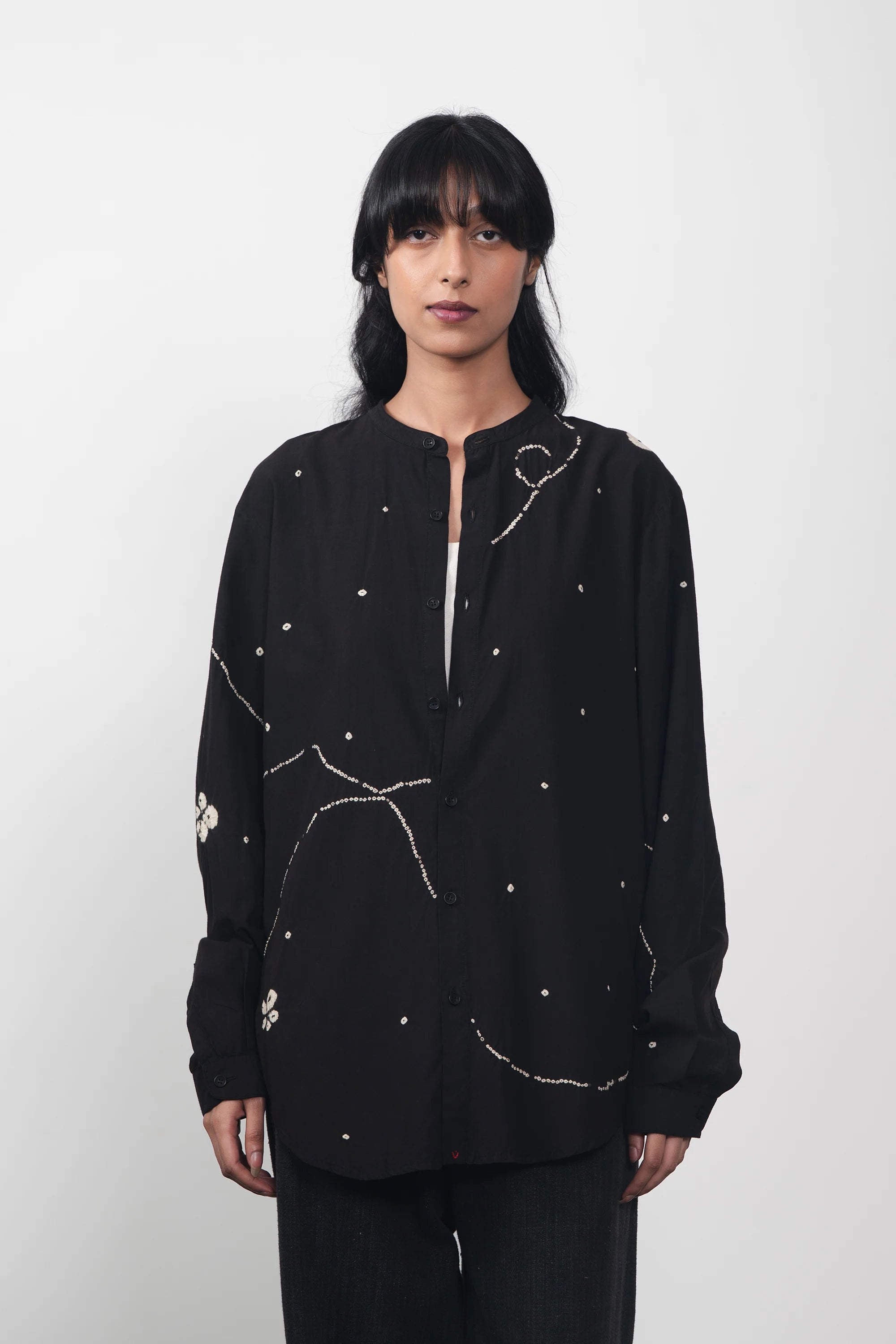 Band Collar Bandhani Shirt in Black
