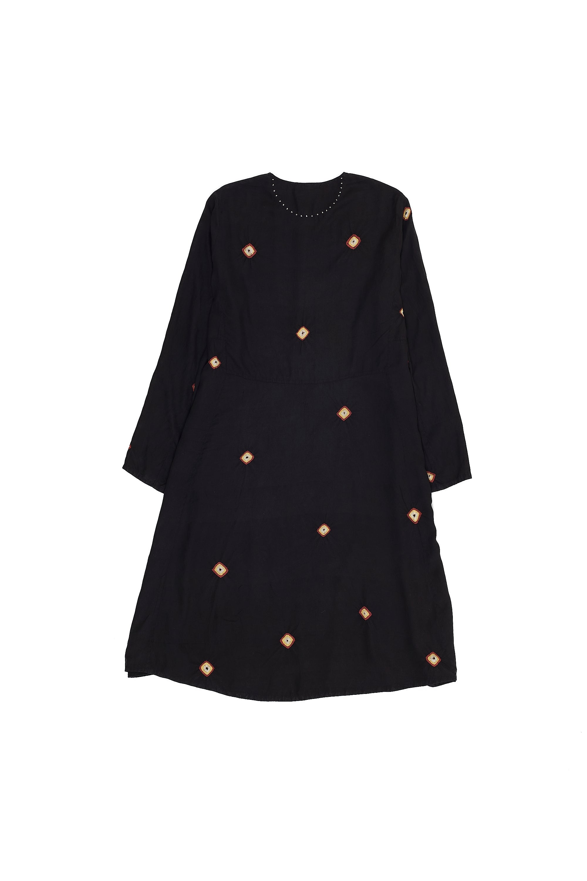 BLACK FLARED DRESS WITH MULTICOLOURED BANDHANI
