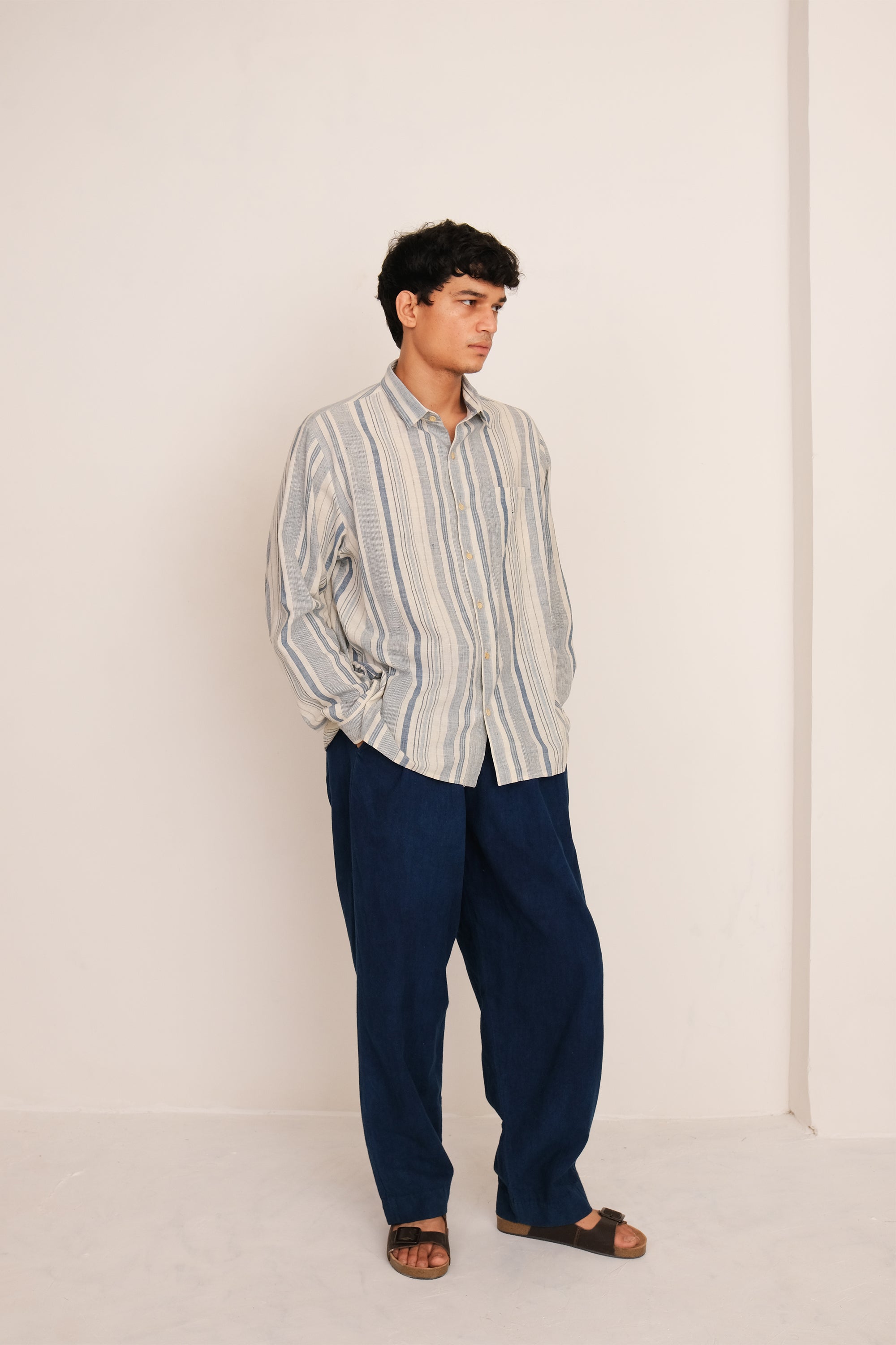Front image of medium indigo cotton shirt with yarn dyed