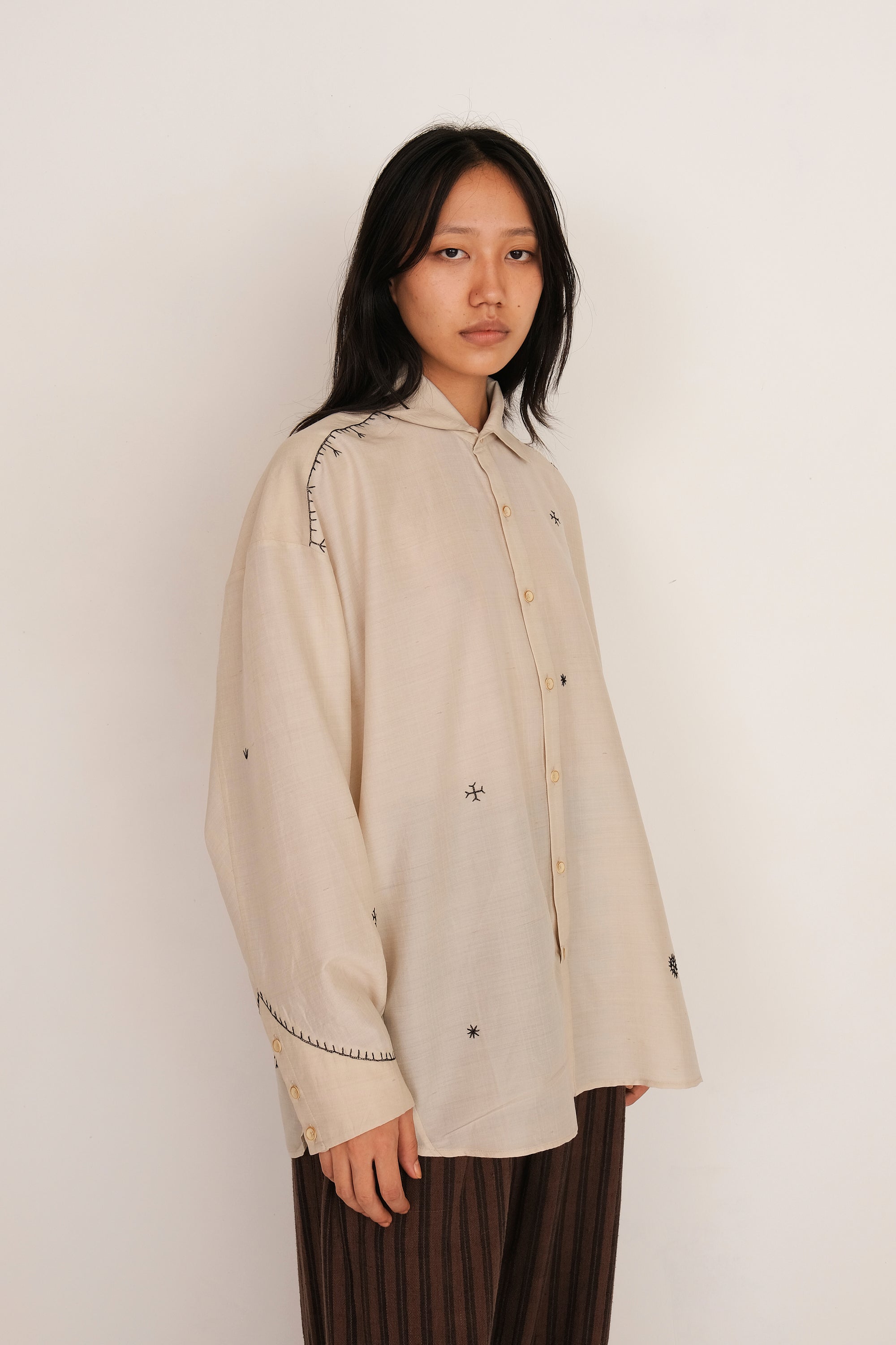 Ecru Cotton & Silk Embroidered Shirt