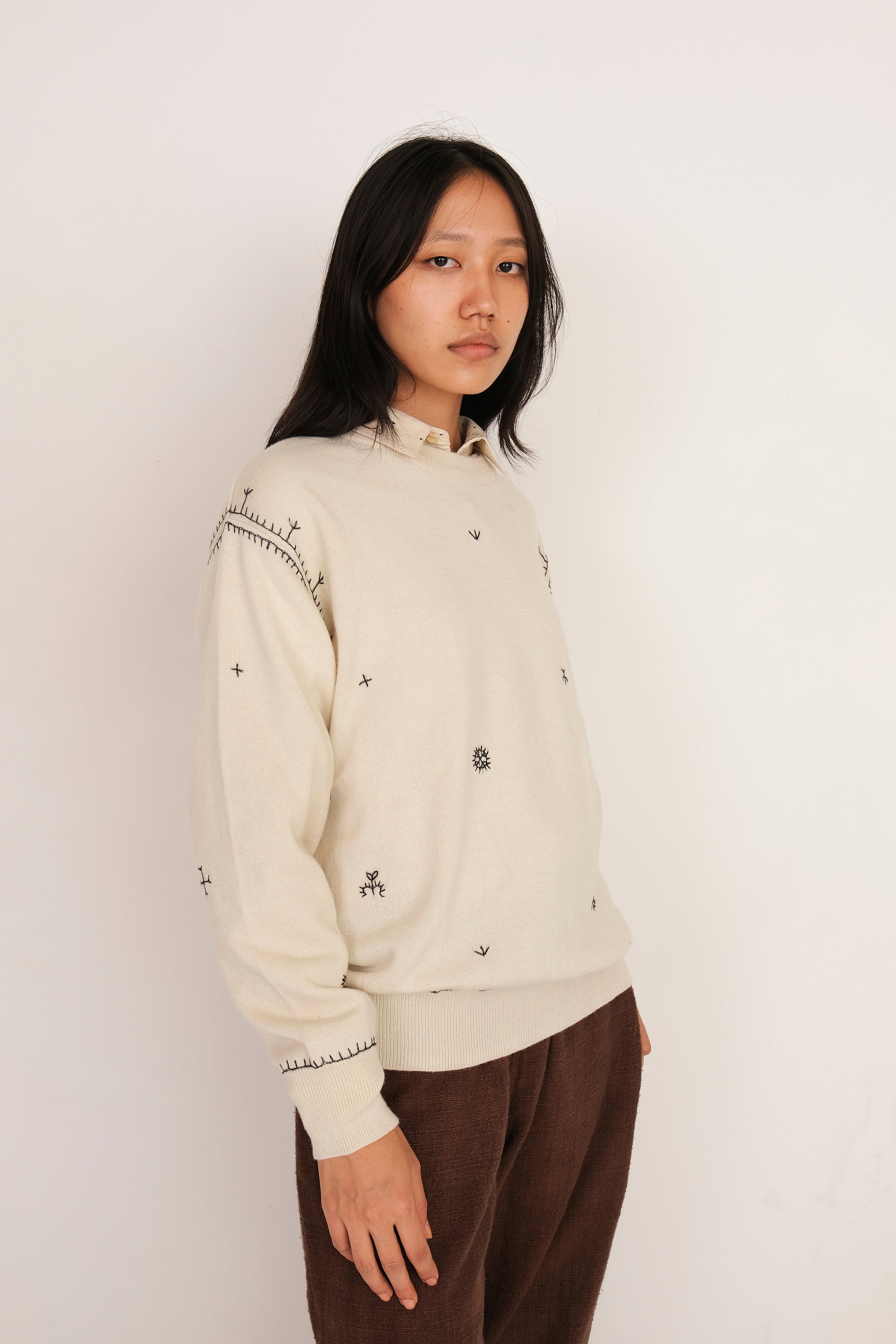 Ecru Cotton Sweatshirt with Embroidery