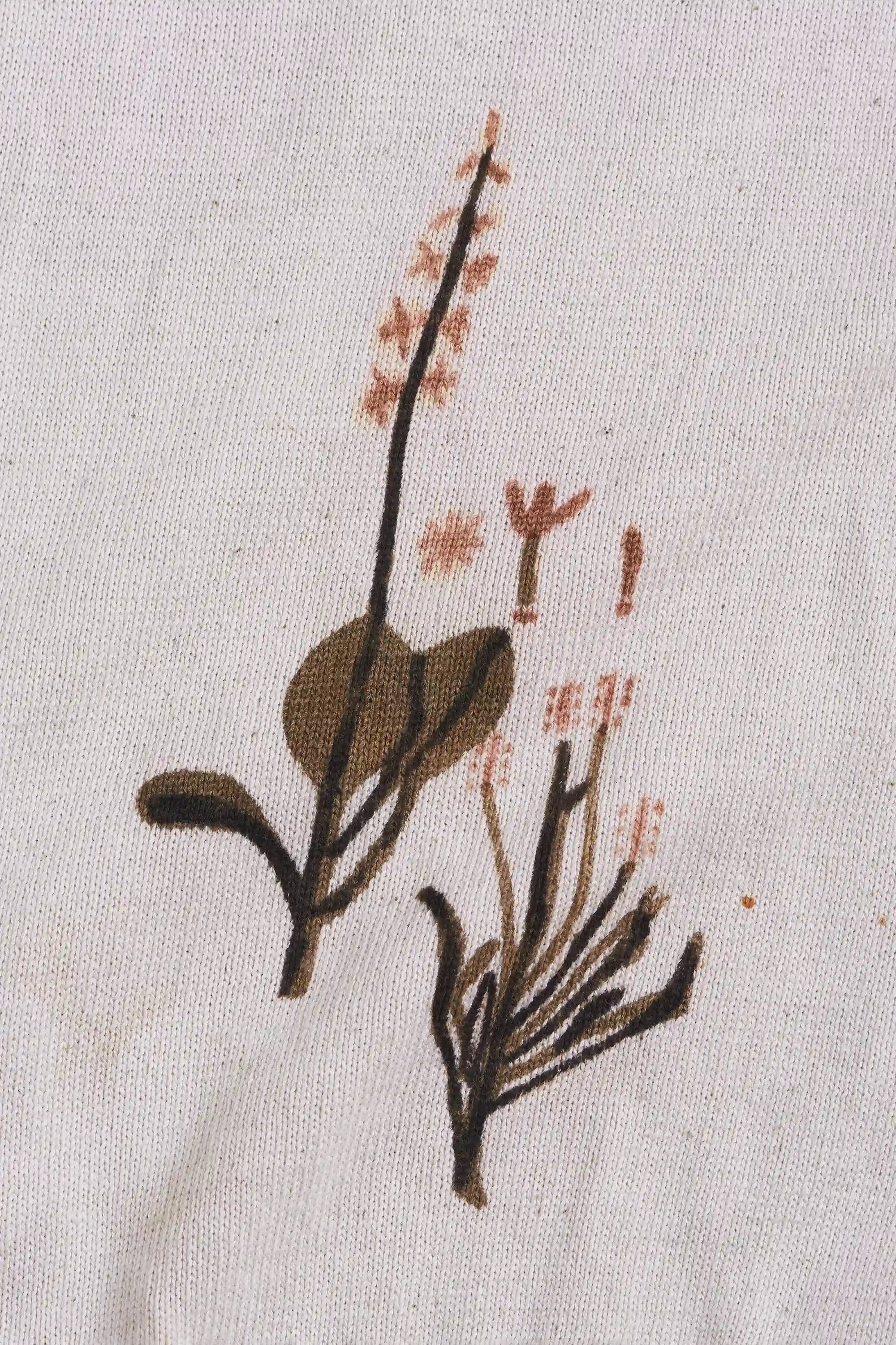 Floral embroidery on a beige fabric background