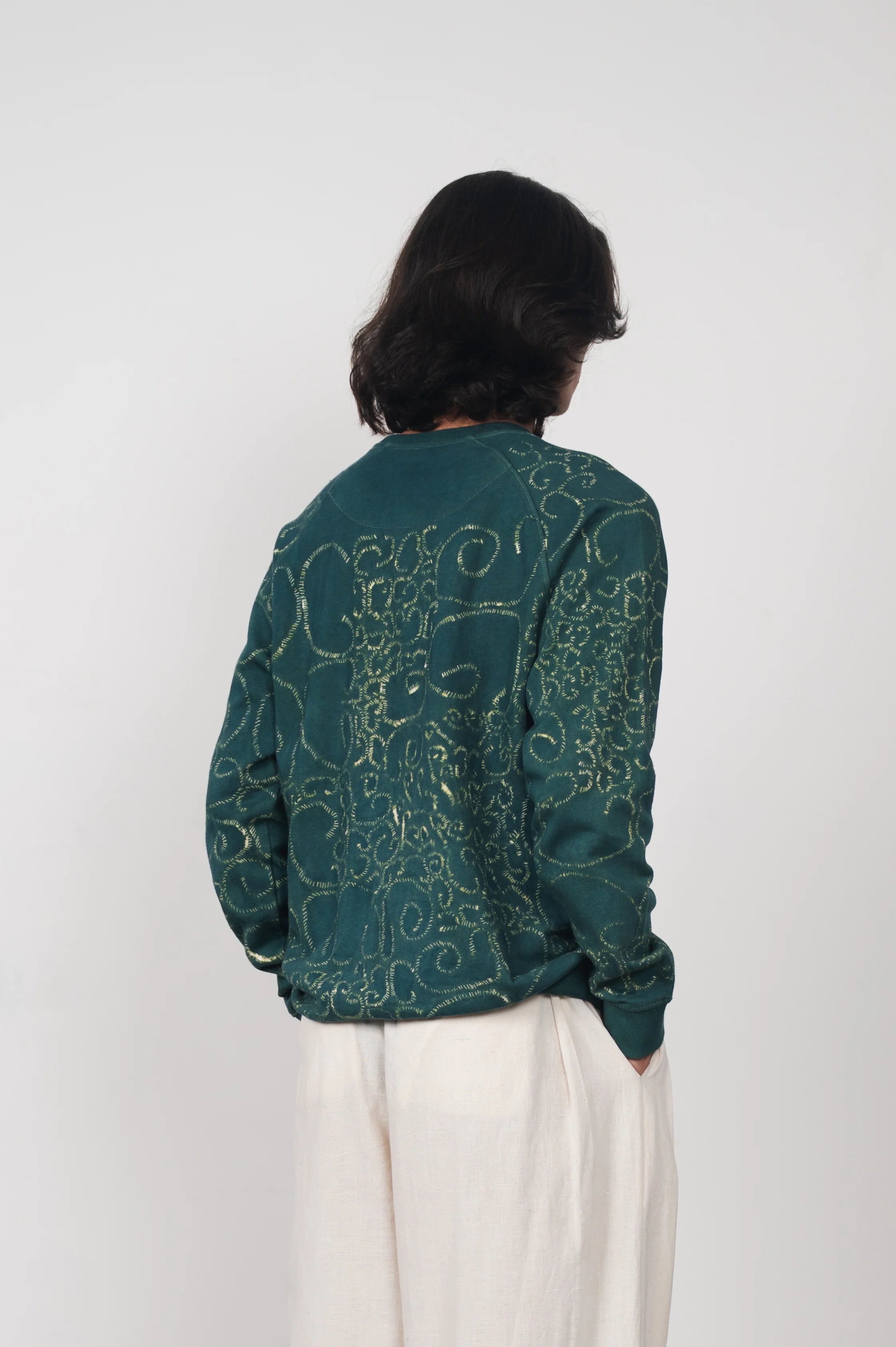 Bottle Green Sweatshirt with Bandhani and Shibori