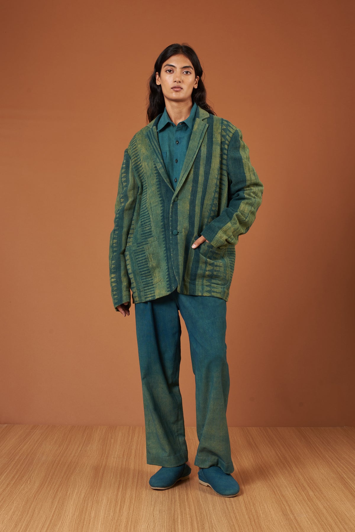 Block Printed Oversized Jacket in Bottle Green