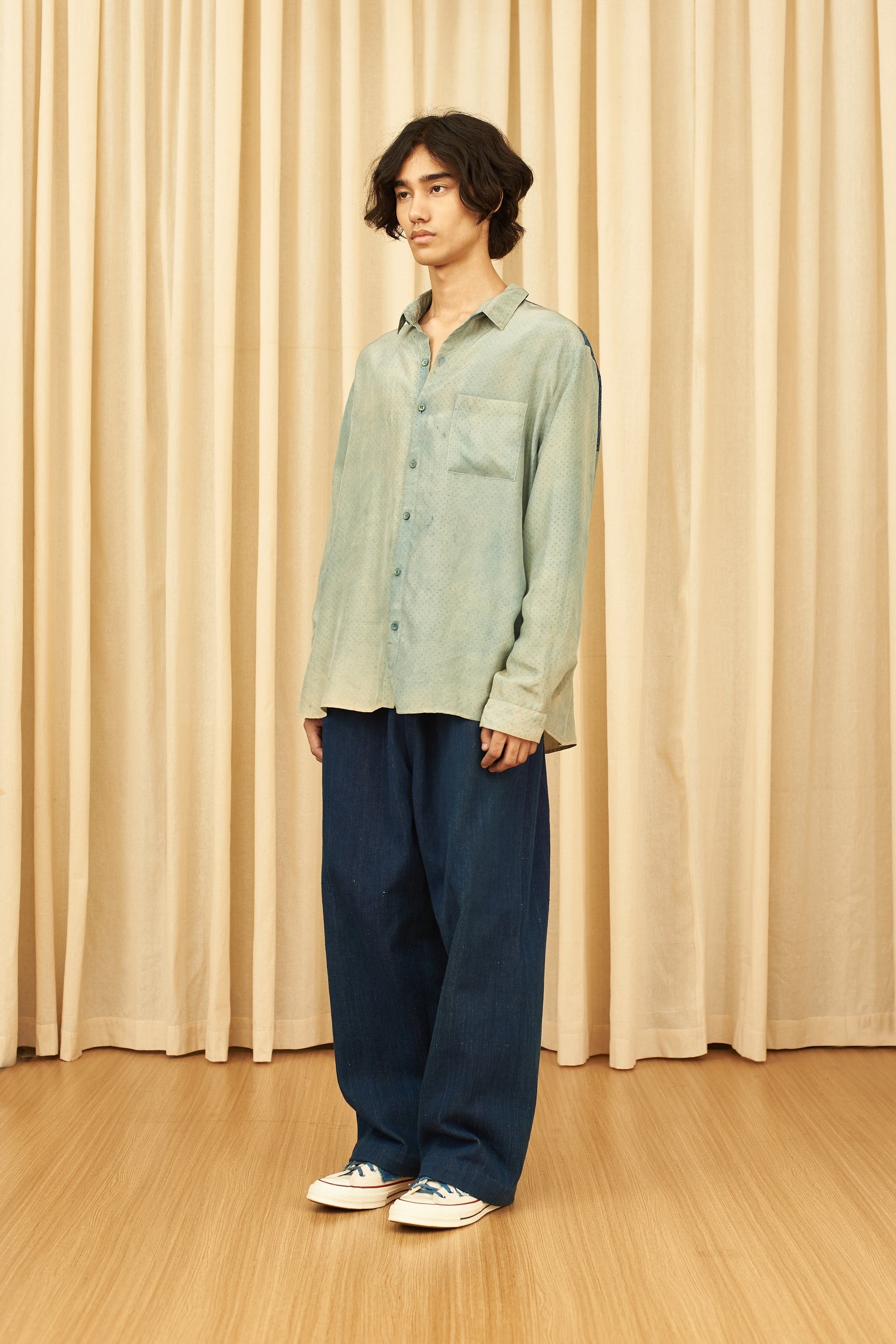 MEDIUM INDIGO BLOCK PRINTED SOFT SILK SHIRT