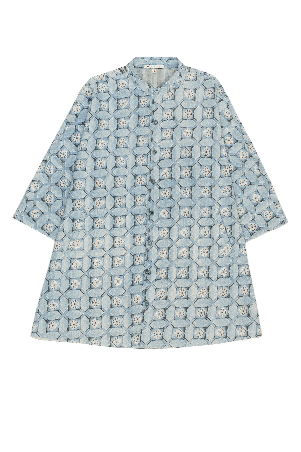LIGHT INDIGO SCREEN PRINTED BAND COLLAR SHIRT