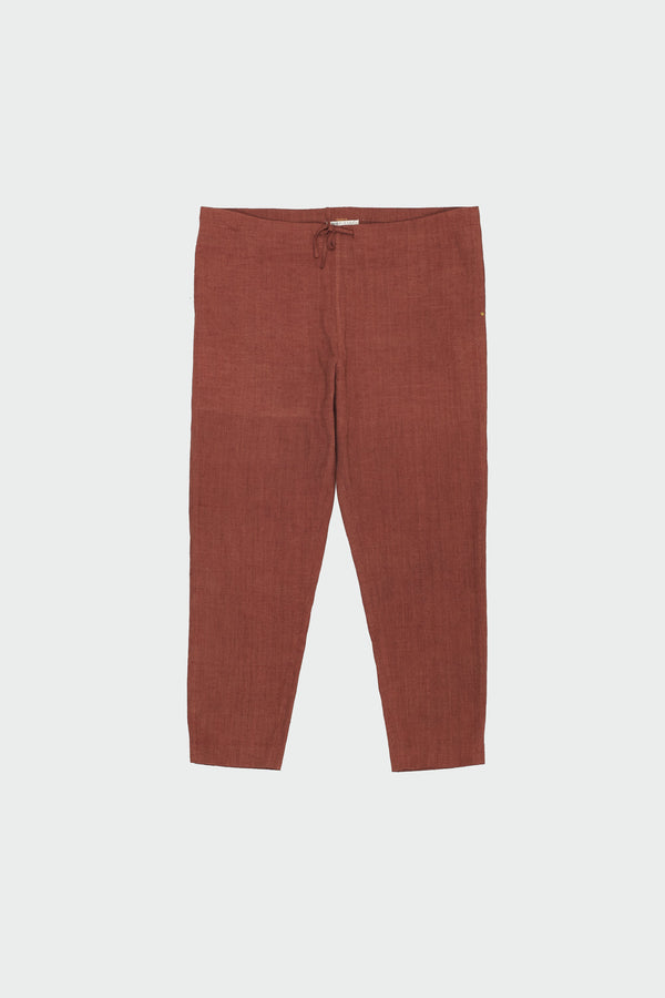 BRICK RED COTTON LINEN DRAWSTRING TROUSERS