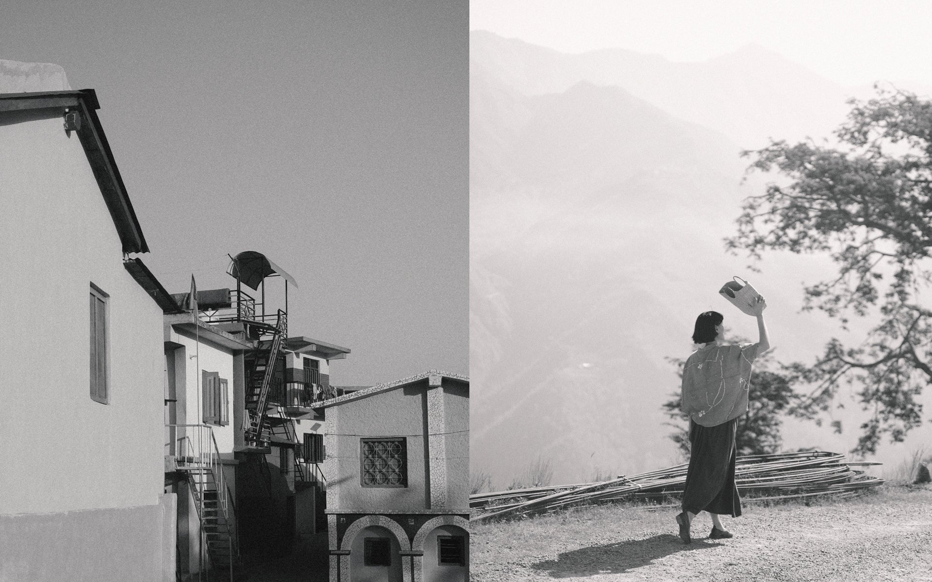 Two black and white photos side by side; one shows a building with a person on a ladder, the other shows a women wearing black skirt and cotton shirt holding an object outdoors.