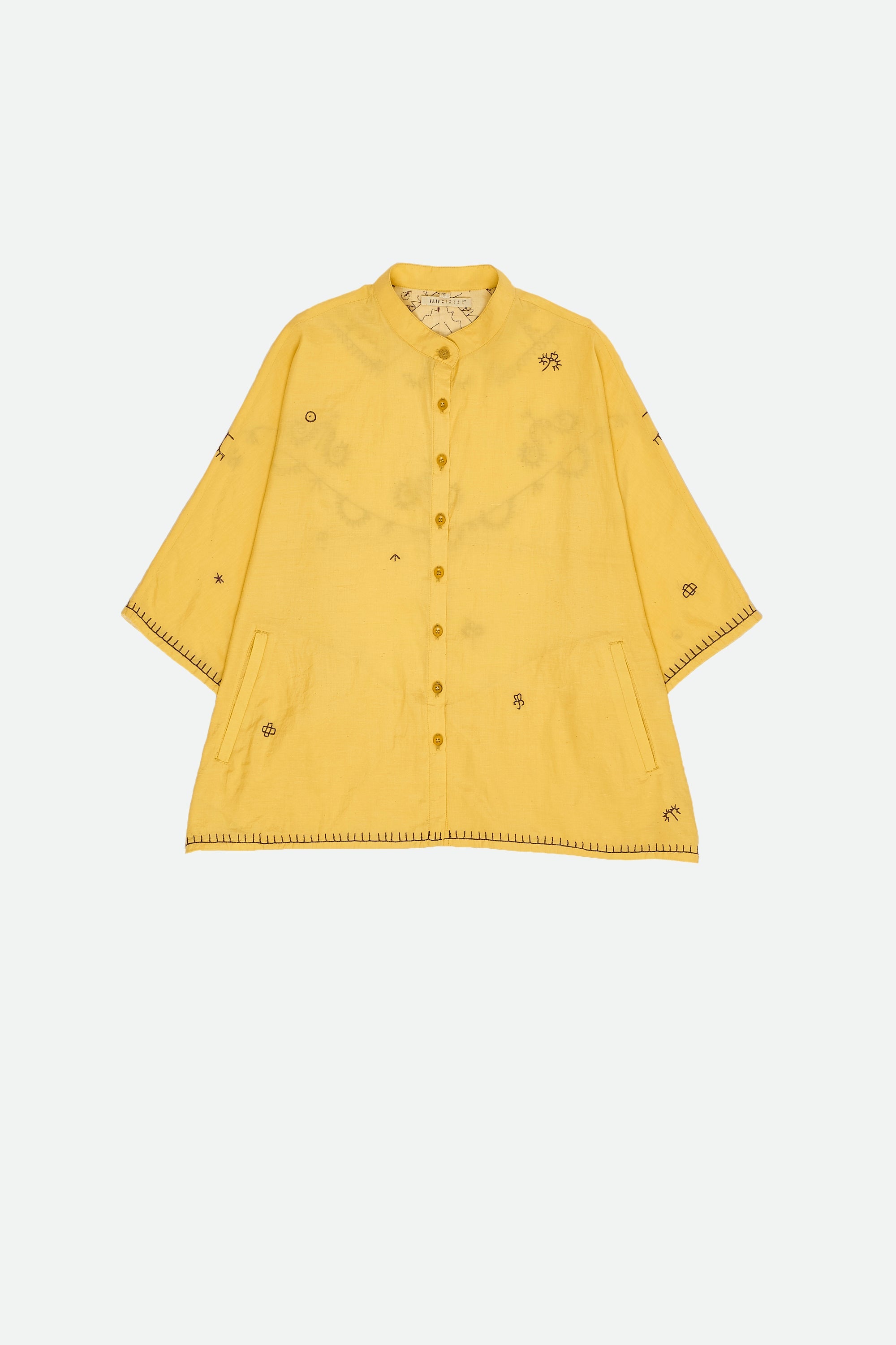 Lemon Yellow Cotton Silk Shirt With Embroidered