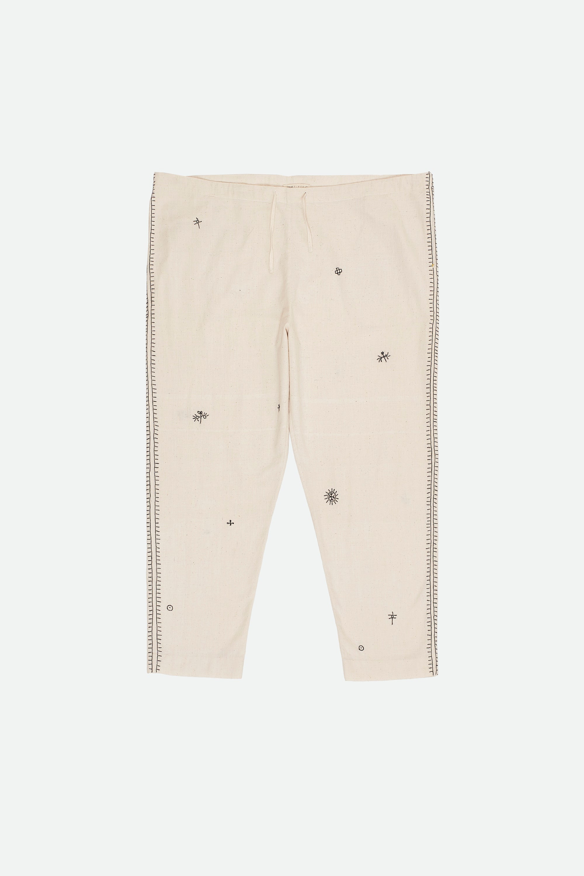 Hand Embroidered Cotton Pant In Ecru