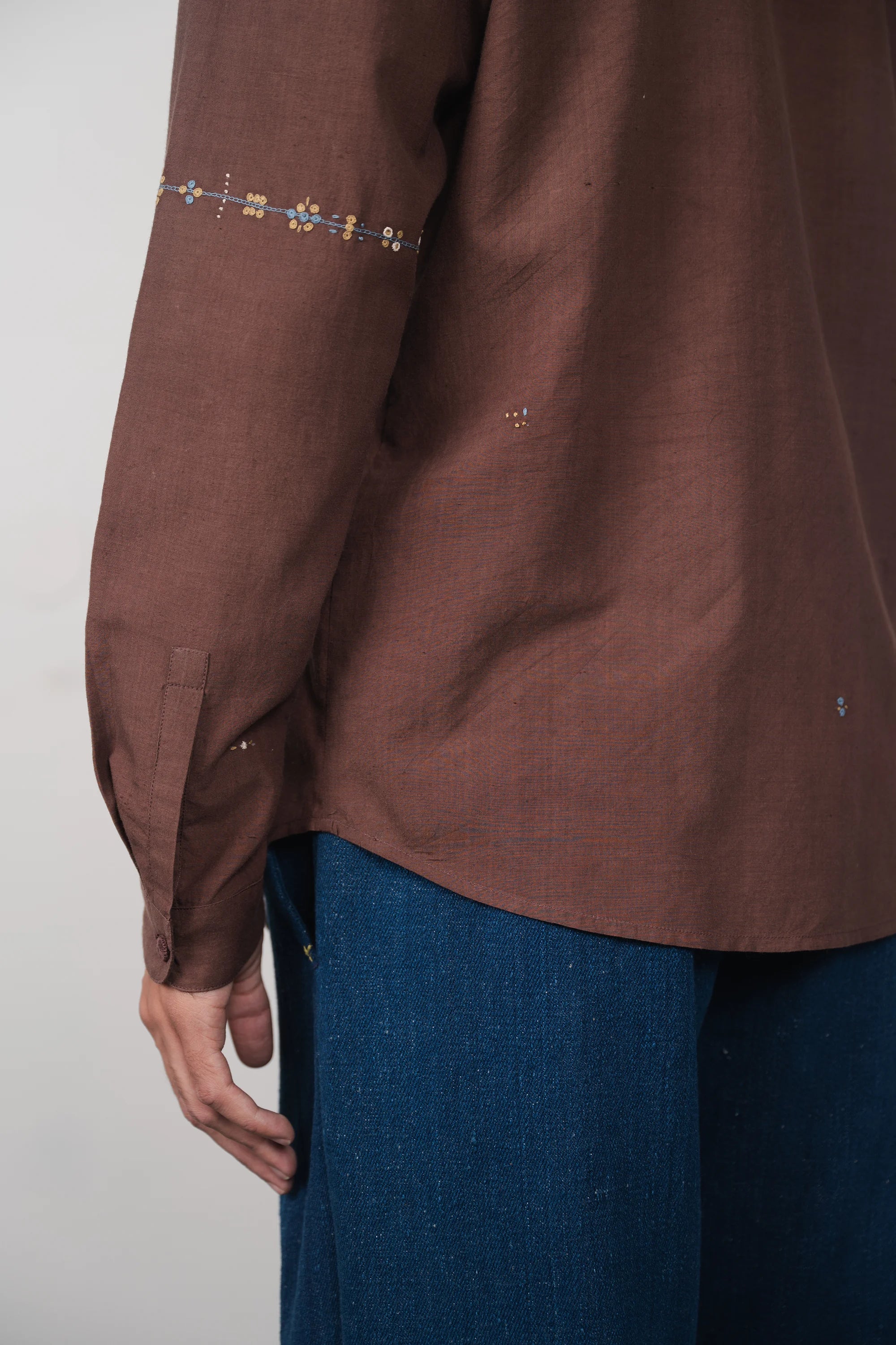 Burnt Umber Band Collar Embroidered Shirt