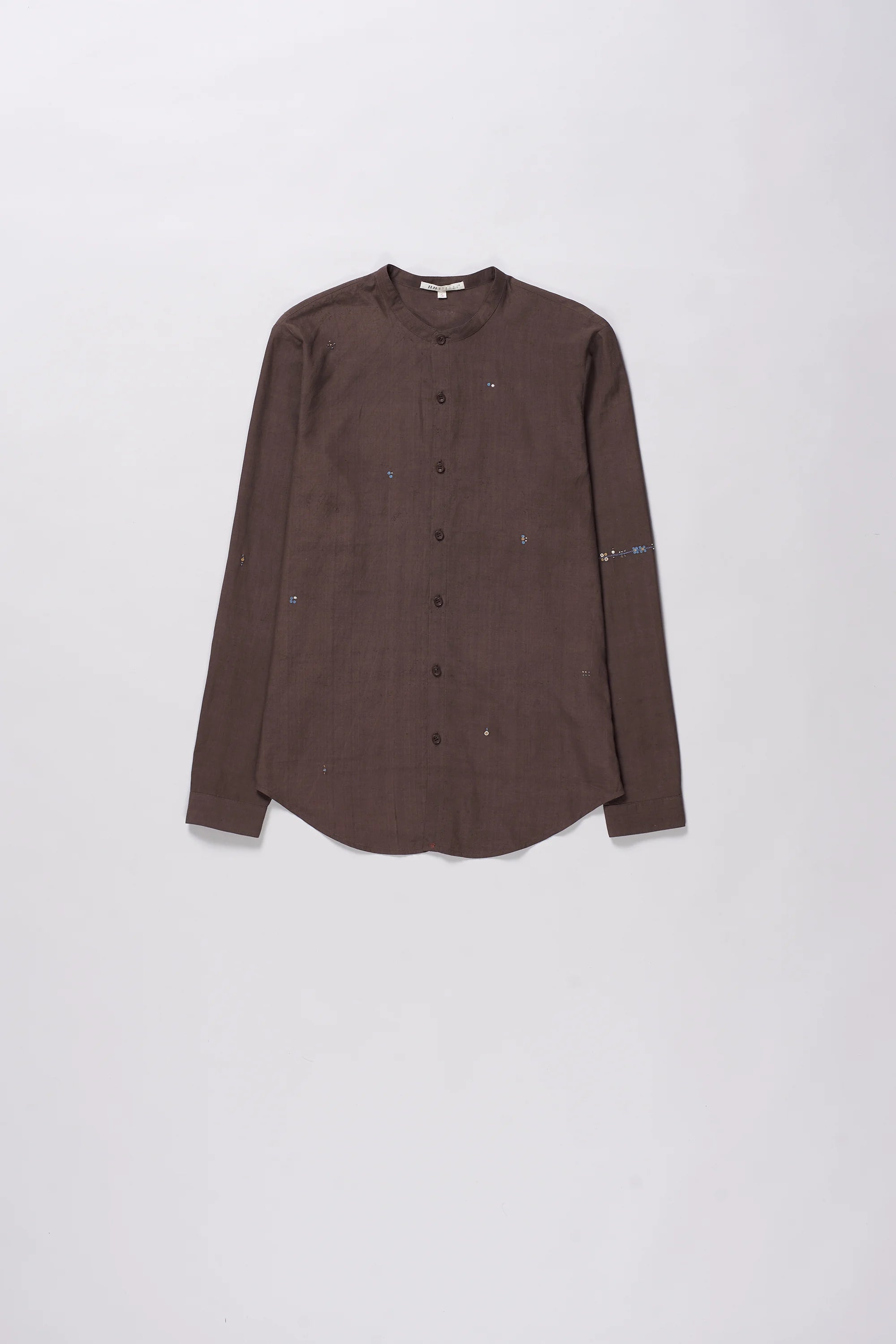 Band Collar Embroidered Shirt in Burnt Umber