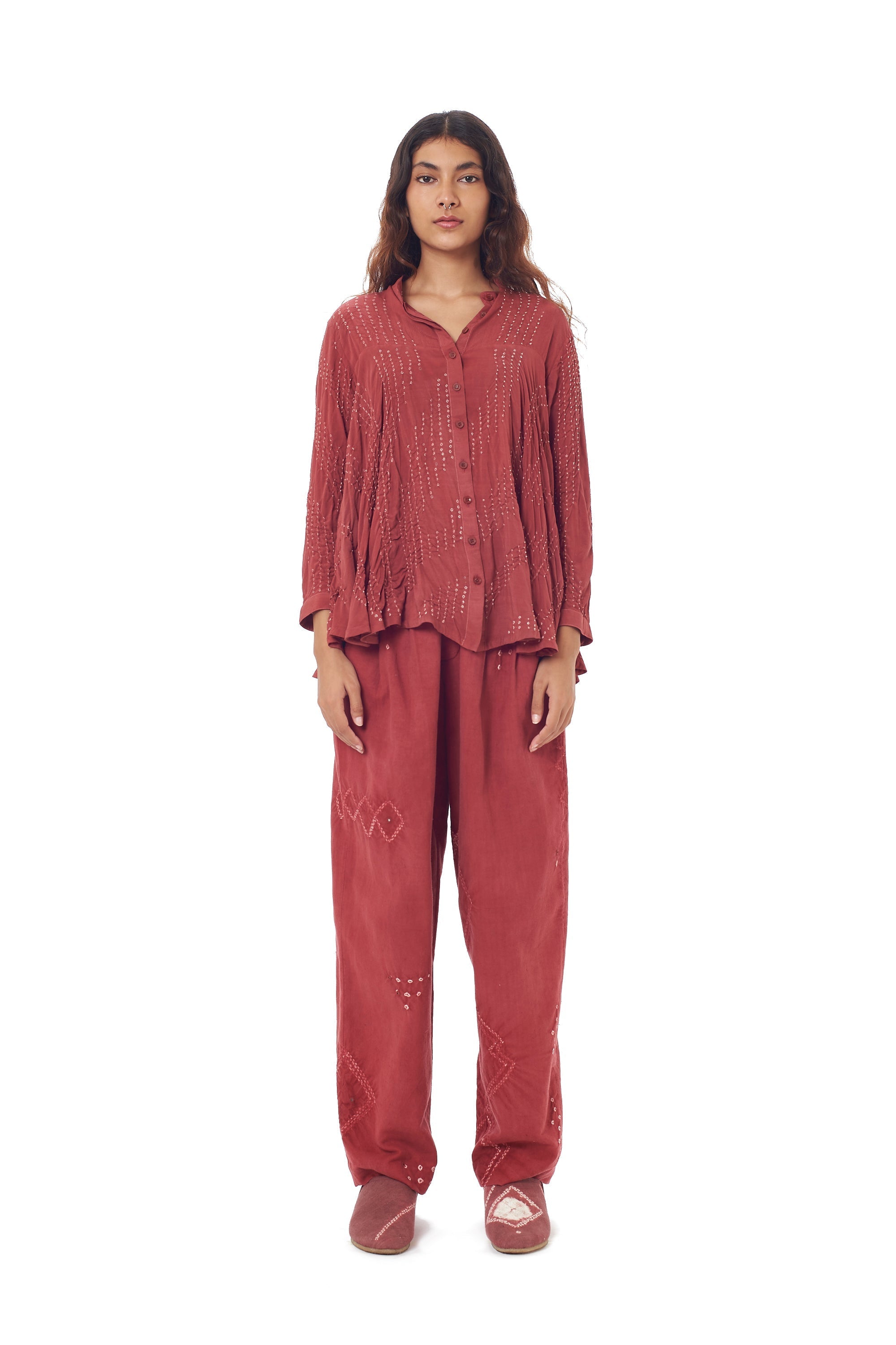 CRIMSOM PINK CREPE SILK FLARED SHIRT FEATURING MINIATURE BANDHANI