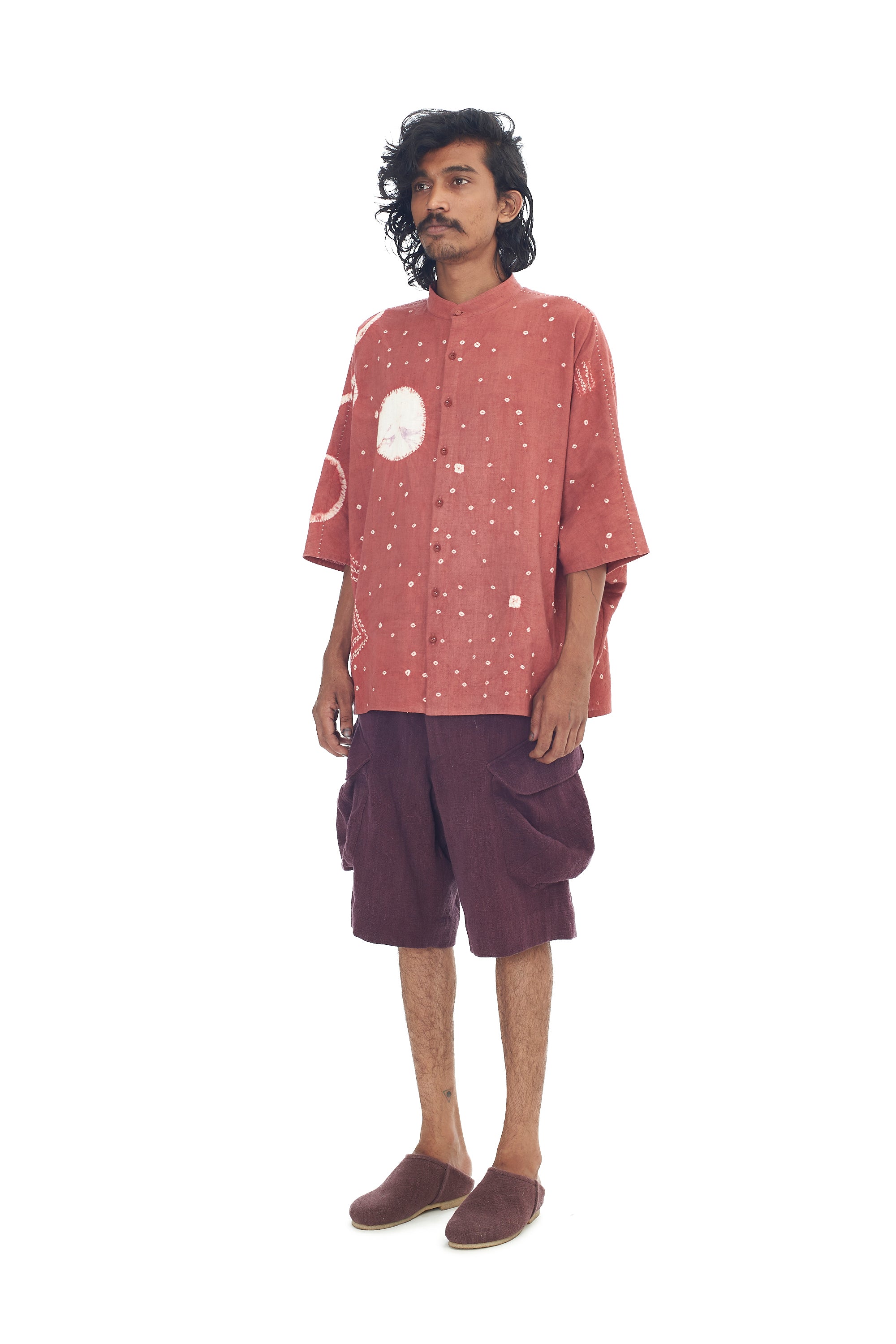 Relaxed Fit Band Collar Organic Cotton Shirt Crafted With All-Over Shibori Motifs