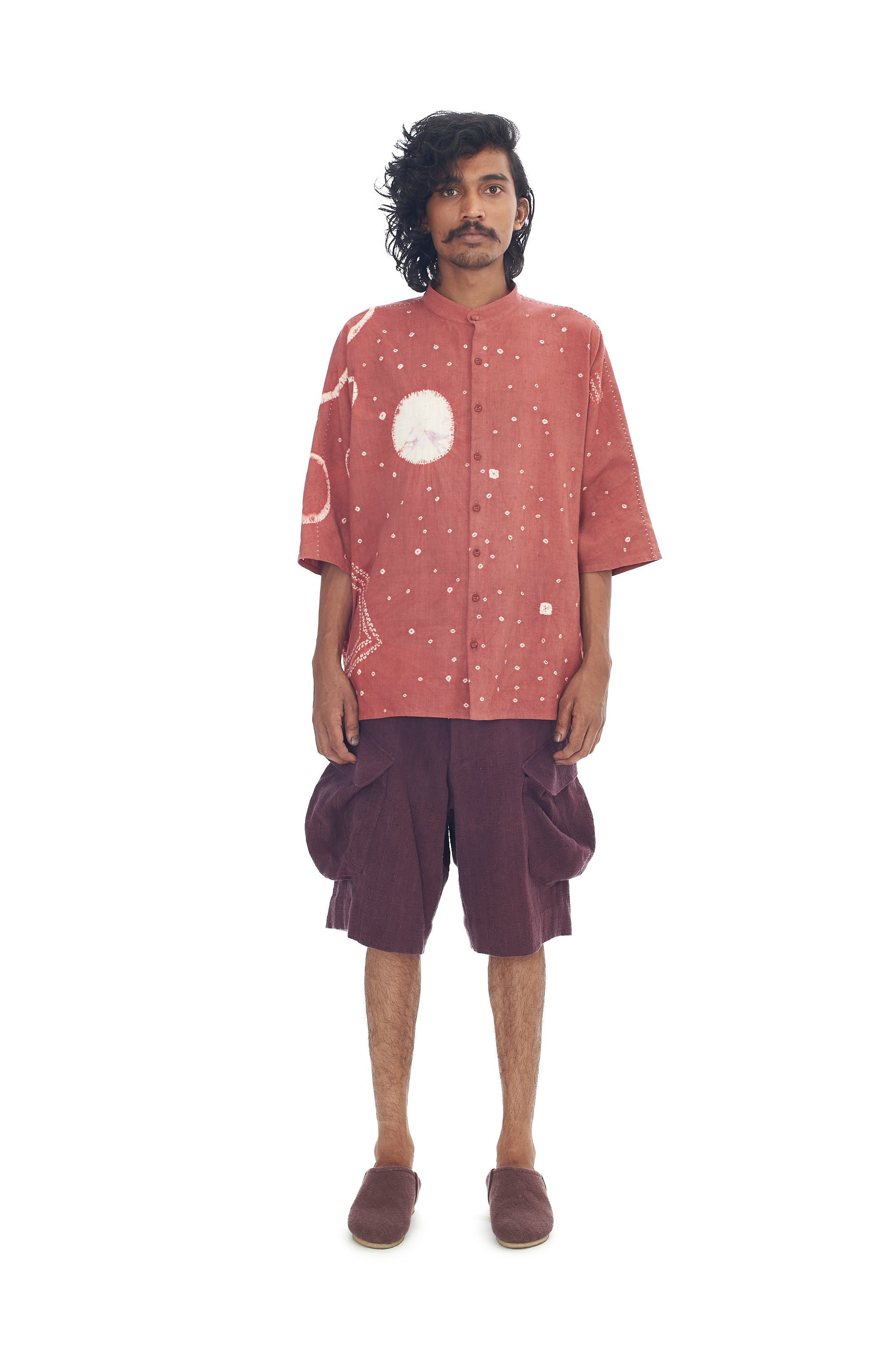 Relaxed Fit Band Collar Organic Cotton Shirt Crafted With All-Over Shibori Motifs