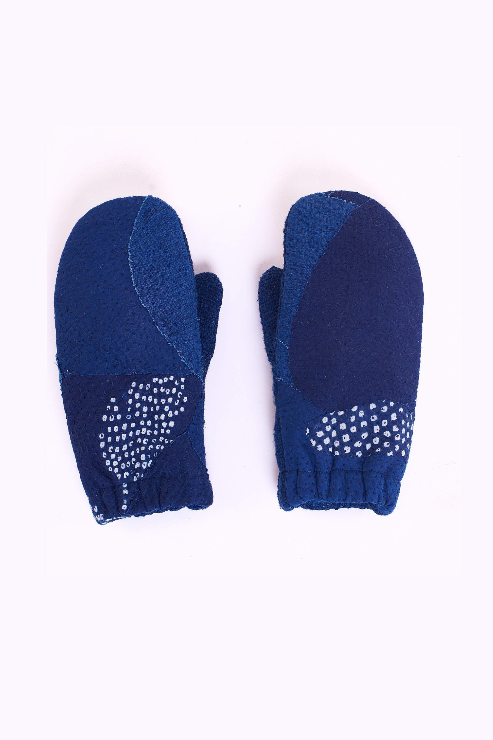 Patchwork kantha mittens in indigo