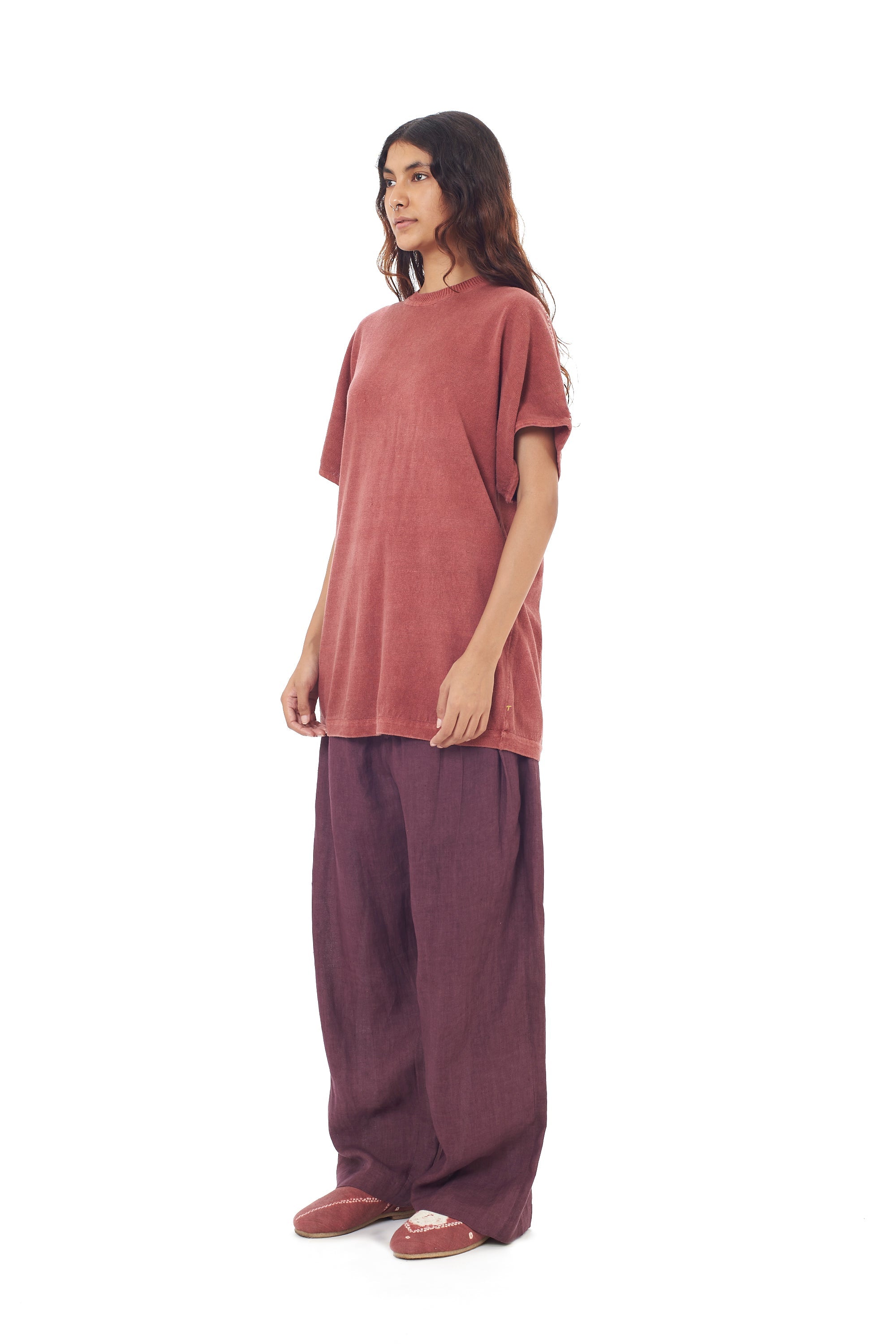 Rogue Pink Organic Cotton Relaxed Fit Knitted T-Shirt With Hand Embroidered Details