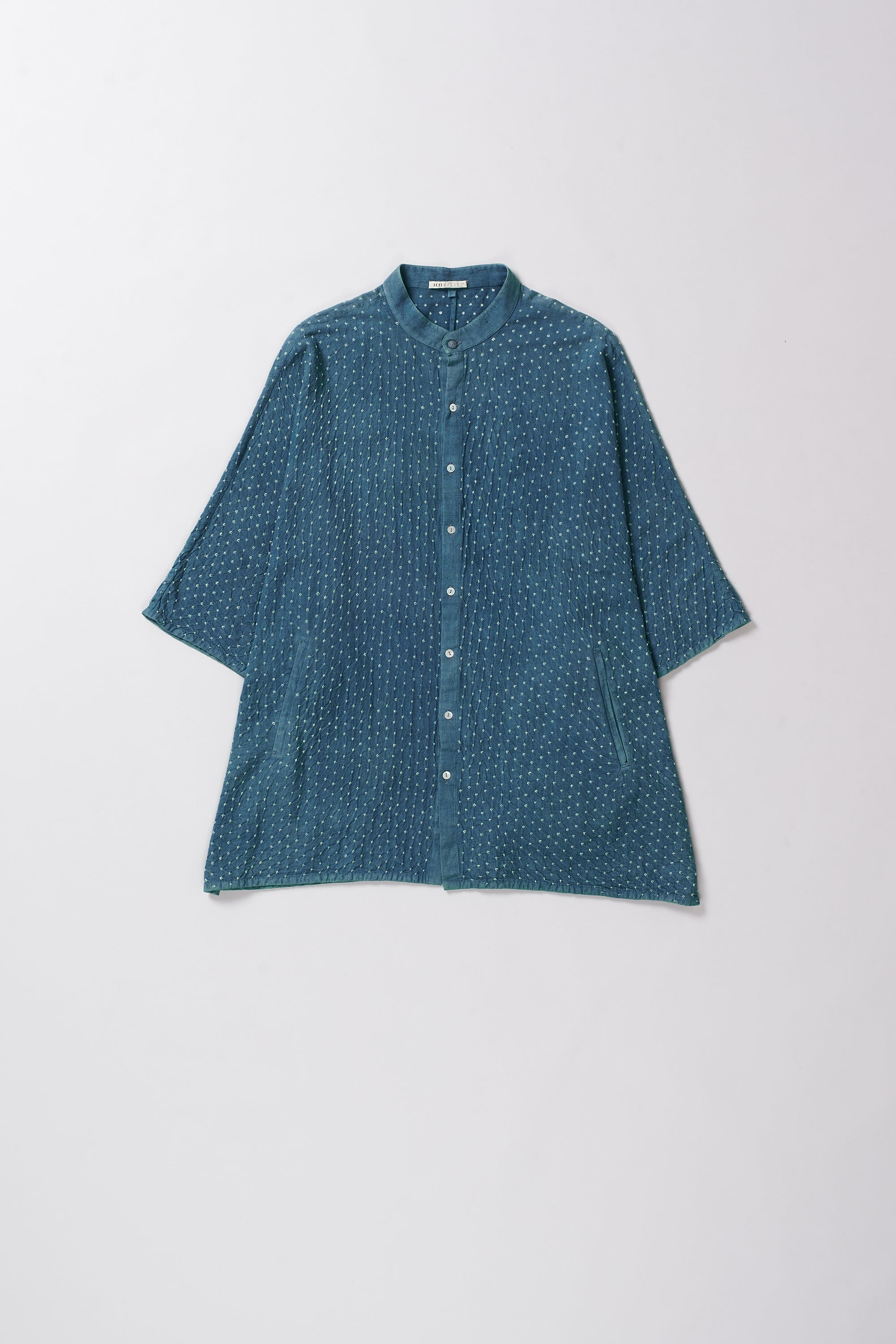 Turquoise Band Collar Shirt Crafted With All Over Bandhani