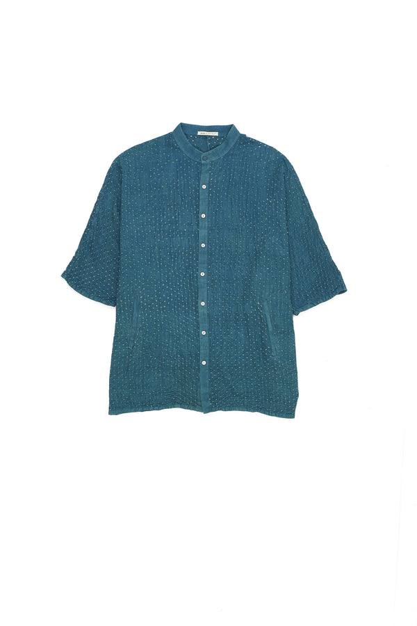 TURQUOISE BAND COLLAR SHIRT CRAFTED WITH ALL OVER BANDHANI
